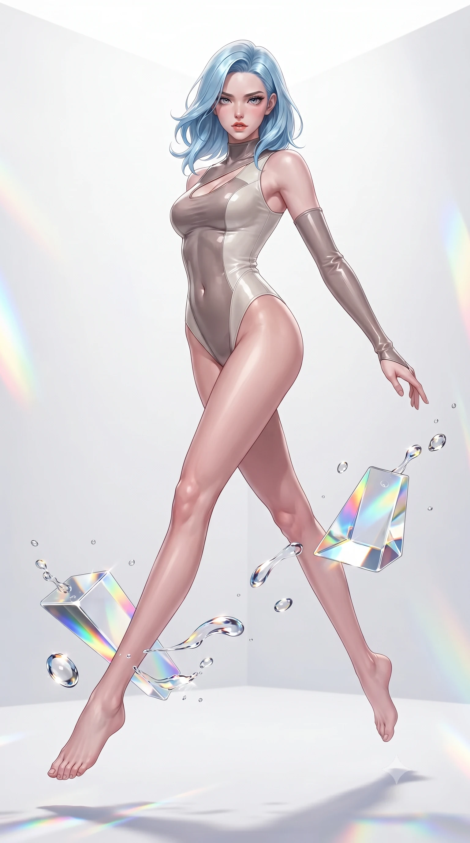 score_9, masterpiece, best quality, ultra-detailed, high-budget anime keyframe, editorial fashion photography, tasteful artistic composition, Korean woman. low angle full-body shot from head to toe showing her feet, filling the entire 9:16 vertical frame with her statuesque presence, stretching her vertical silhouette. leaping gracefully through the environment with statuesque elegance and long slender legs interacting with floating glass prisms that refract liquid light into rainbows, vibrant paint droplets frozen in time casting specular highlights. She has an absolutely perfect, statuesque 8.5-heads proportion, an exceptionally tall and slender model-like female figure with impossibly long slender legs and an ultra-slim waist. sharp v-shaped jawline, high-bridge nose, intricate jewel-like eyes with depth, thick eyelashes, glossy lips with a natural sheen. wearing an asymmetrical high-cut tech-bodysuit with detached sleeves in muted taupe and soft ivory, tailored from high-gloss patent leather, accented with a Tasteful chest slit framing her clavicle gracefully, the form-contouring material highlighting her ultra-slim waist and long lines. drenched in bright white key light with colorful prismatic rim lighting. highly saturated vibrant anime colors, detailed shading with soft gradients, rich glossy textures, high-contrast stereoscopic depth, volumetric dynamic lighting, master piece, 9:16 ratio