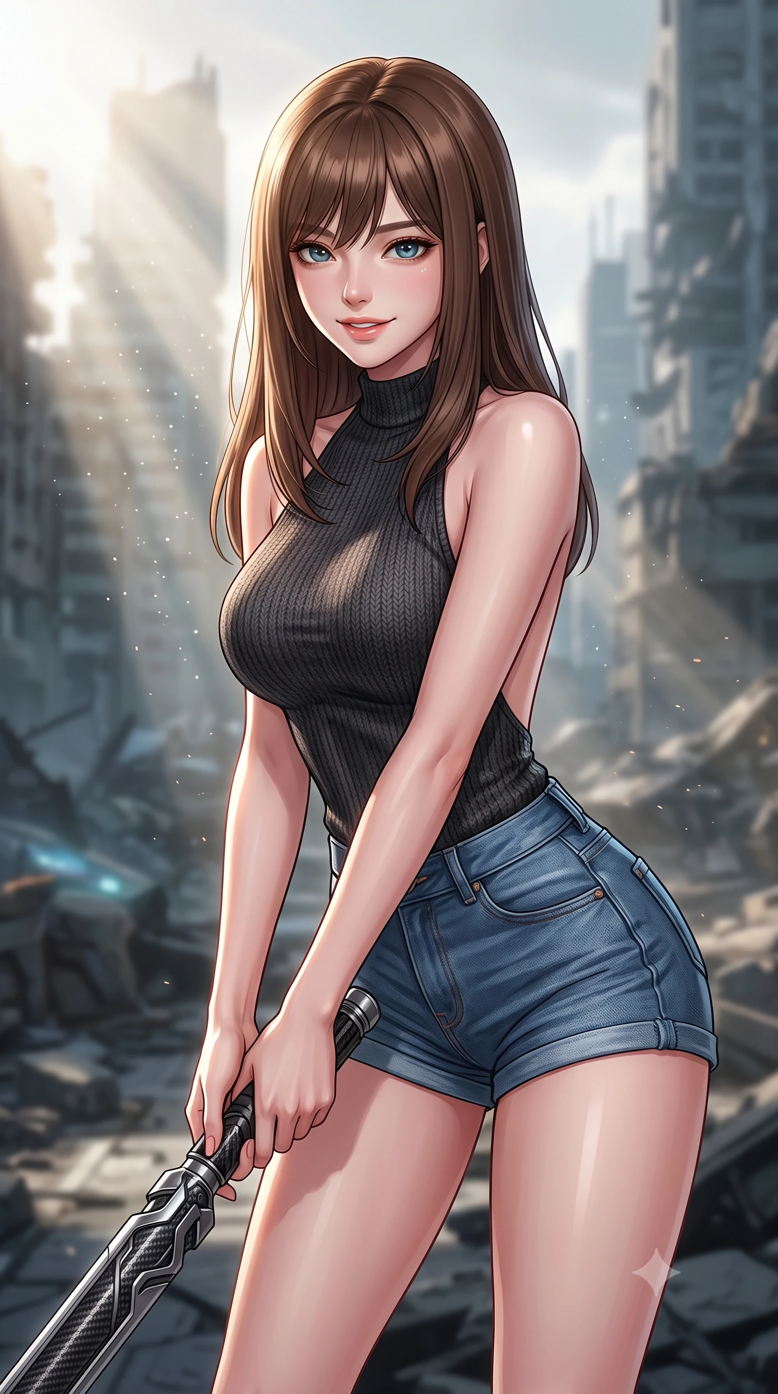 score_9, masterpiece, best quality, ultra-detailed, high-budget anime keyframe, editorial fashion photography, tasteful artistic composition, Korean woman. close-up cowboy shot from the waist and thighs up, the character dominates the composition, filling the frame with her large presence, background elements kept in soft focus. leaning slightly forward with a playful, teasing smile while holding a deactivated plasma saber hilt, the background shows a soft-focus a simulation deck showing a virtual battlefield in a ruined futuristic city. She has an exceptionally elegant, slender, and willowy female figure with an ultra-slim waist, a gracefully sculpted slender torso, and a refined silhouette. sharp v-shaped jawline, high-bridge nose, intricate jewel-like eyes with depth, thick eyelashes, glossy lips with a natural sheen. wearing a slim-fit backless carbon-fiber knit top in charcoal wool, paired with high-waisted denim micro-shorts. dramatic volumetric sunbeams slicing through digital dust, creating light rays. highly saturated vibrant anime colors, detailed shading with soft gradients, rich glossy textures, high-contrast stereoscopic depth, volumetric dynamic lighting, master piece, 9:16 ratio