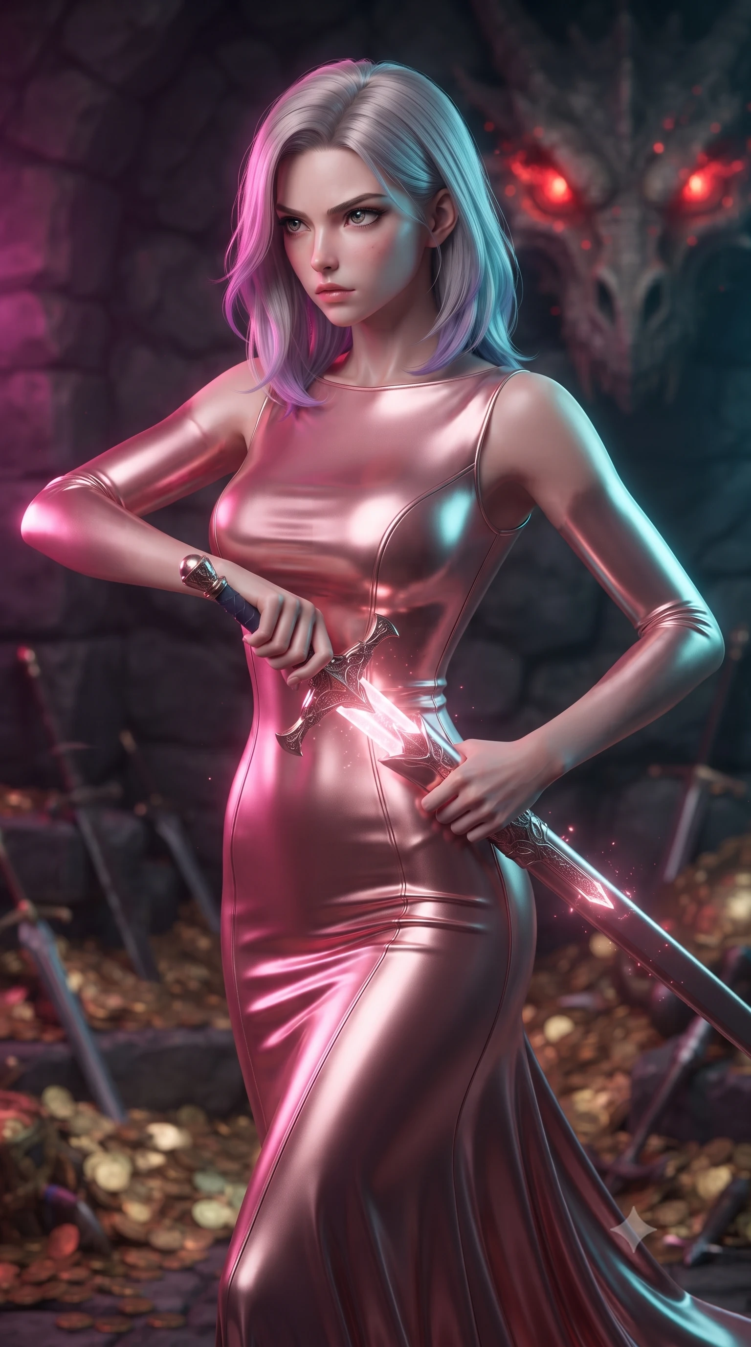 score_9, masterpiece, best quality, ultra-detailed, high-budget anime keyframe, editorial fashion photography, tasteful artistic composition, realistic cosplay photography, Caucasian woman, strictly human ears. close-up cowboy shot from the waist and thighs up, the character dominates the composition, filling the frame with her large presence, background elements kept in soft focus. Drawing a glowing sword with fierce determination and a sharp sidelong glare. set against a soft-focus background of a dark stone tomb filled with gold coins and weapons, where a dragon skull's eyes glow with red magical embers. She has an exceptionally elegant and slender, willowy female figure with an ultra-slim waist, a gracefully sculpted slender torso, and a refined slim physique. sharp v-shaped jawline, high-bridge nose, intricate jewel-like eyes with depth, thick eyelashes, glossy lips with a natural sheen. wearing tailored for maximum mobility, sleek form-contouring panels that allow fluid movement, a tailored liquid metallic rose gold evening gown with a high boat neckline, flowing like liquid metal along her statuesque slender frame. dual-tone lighting with hot magenta from the left and cool cyan from the right. ultra-reflective glossy finish, specular highlights, metallic sheen, high-contrast stereoscopic depth, volumetric dynamic lighting, 2k, ultra detail, master piece, 9:16 ratio