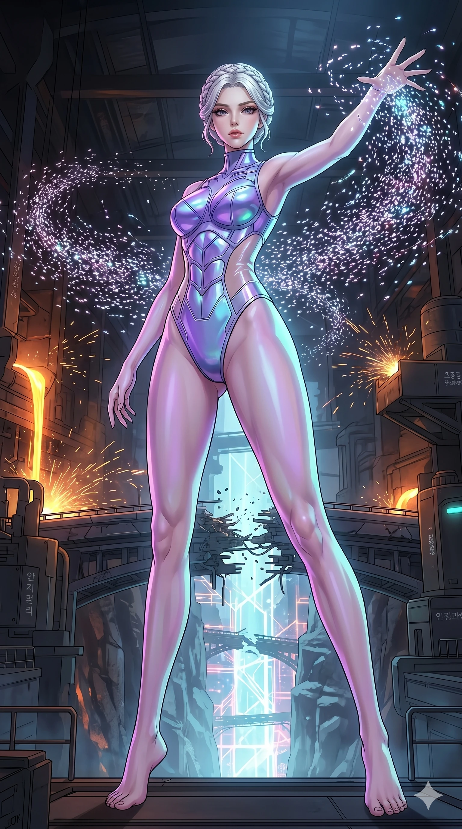 score_9, masterpiece, best quality, ultra-detailed, High-budget Anime Keyframe, vibrant colors, fluid line-art, expressive lighting, cinematic composition, Ufotable-style visual effects, top-tier animation quality, Korean woman with idol-like refined features. Wide-angle low shot emphasizing her impossibly long slender legs and commanding stature. Orchestrating a storm of trillions of nanobots to repair a massive broken bridge over a canyon of light. She has an absolutely perfect 8-heads proportion, an exceptionally tall and slender female figure with impossibly long slender legs and an ultra-slim waist, her statuesque height and towering silhouette dominating the vertical 9:16 frame. Her face is a masterpiece featuring a sharp v-shaped jawline, high-bridge nose, intricate jewel-like eyes with depth, thick eyelashes, and glossy lips with a natural sheen. She is wearing a High-cut leotard with metallic plating and translucent PVC panels on the sides crafted from Iridescent vinyl with a futuristic sheen that shifts between violet and cyan, with a dangerous high slit that showcases her impossibly long slender legs. The scene is set in a gritty industrial factory with glowing molten metal, flying sparks, and deep shadows, illuminated by soft bioluminescent glow from the environment casting ethereal colors on her skin. 2k, ultra detail, master piece, 9:16 ratio
