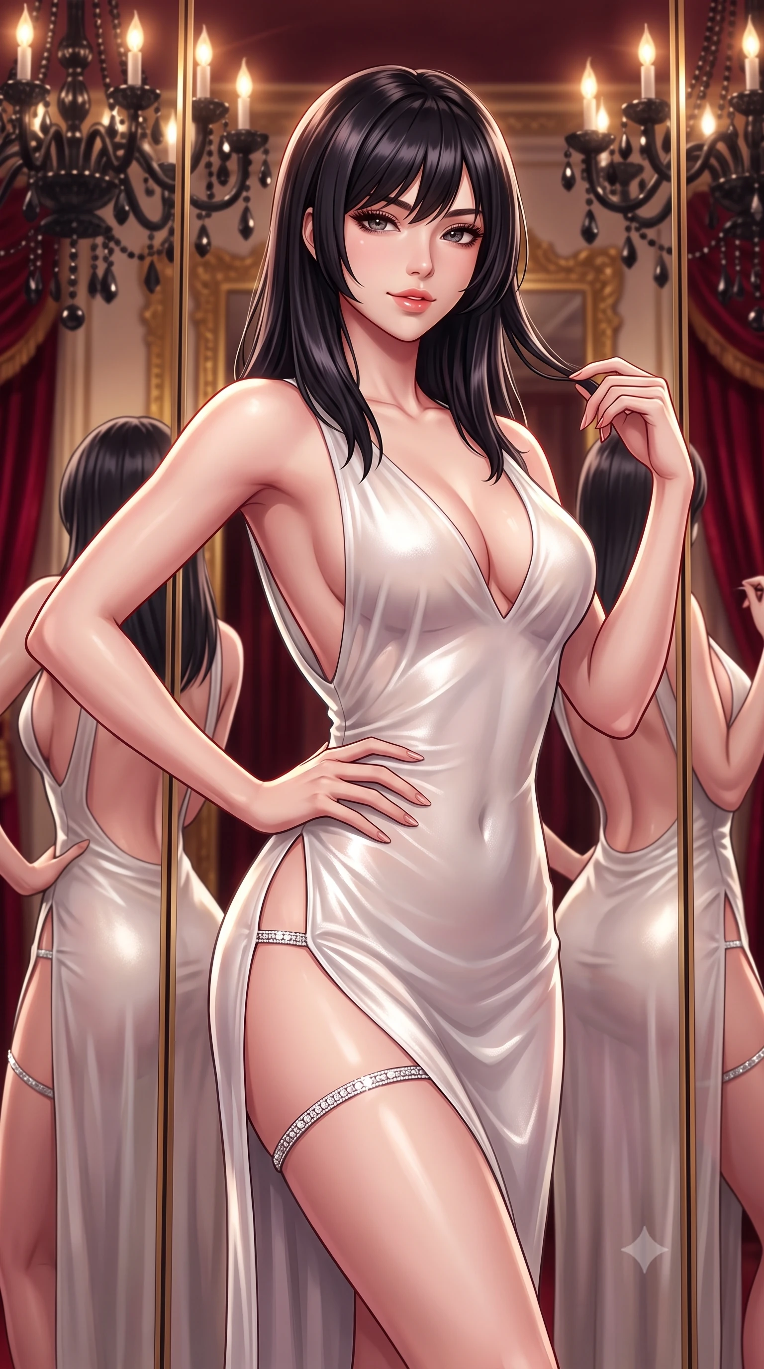 score_9, masterpiece, best quality, ultra-detailed, high-budget anime keyframe, semi-realistic 3D game render, editorial fashion photography, tasteful artistic composition, Caucasian woman. close-up cowboy shot from the waist and thighs up, the character dominates the composition, filling the frame with her large presence. twisting her slender torso in an alluring contrapposto stance, one hand resting on her sculpted hip while her fingers toy with her hair with effortless poise while twisting her slender torso in an alluring S-curve, mirrored walls reflecting her sculpted flat midriff, narrow waist, and curvaceous hips. The background shows a soft-focus colossal black crystal chandeliers, soaring gold-leaf mirrors, and heavy crimson velvet drapery blurred into ruby, obsidian, and champagne bokeh. She has an exceptionally elegant, slender, and willowy female figure with an ultra-slim waist, flat toned midriff, narrow ribcage, and sculpted feminine hips creating an alluring, slim hourglass silhouette without bulk. sharp v-shaped jawline, high-bridge nose, sparkling eyes with hypnotic seductive depth, thick curled eyelashes, glossy parted lips with a natural dewy peach sheen, alluring bedroom-eyes with an enchanting coquettish smile, exuding magnetic siren charisma and sophisticated glamour, flawlessly proportioned anatomical accuracy, strict slender model proportions, natural body alignment, perfectly sculpted long slender limbs, ultra-slim waistline, clean dynamic posture without body distortion. wearing a deep V-neck sheer gossamer chiffon vampire dress with an open-back scoop and dramatic flowing side leg slit in pure pearl alabaster with liquid platinum sheen, woven from buttery-soft stretch lambskin leather adhering to her body like a second skin, finished with delicate crystal-encrusted thigh garter straps glinting under the lights, the precision-cut side openings and low-back scoop framing her graceful spine and the sensual sweep of her slim, toned hips. bathed in the glittering amber-and-gold brilliance of black-crystal chandelier candle bulbs. highly saturated vibrant anime colors, detailed shading with soft gradients, rich glossy textures, high-contrast stereoscopic depth, volumetric dynamic lighting, master piece, 9:16 ratio