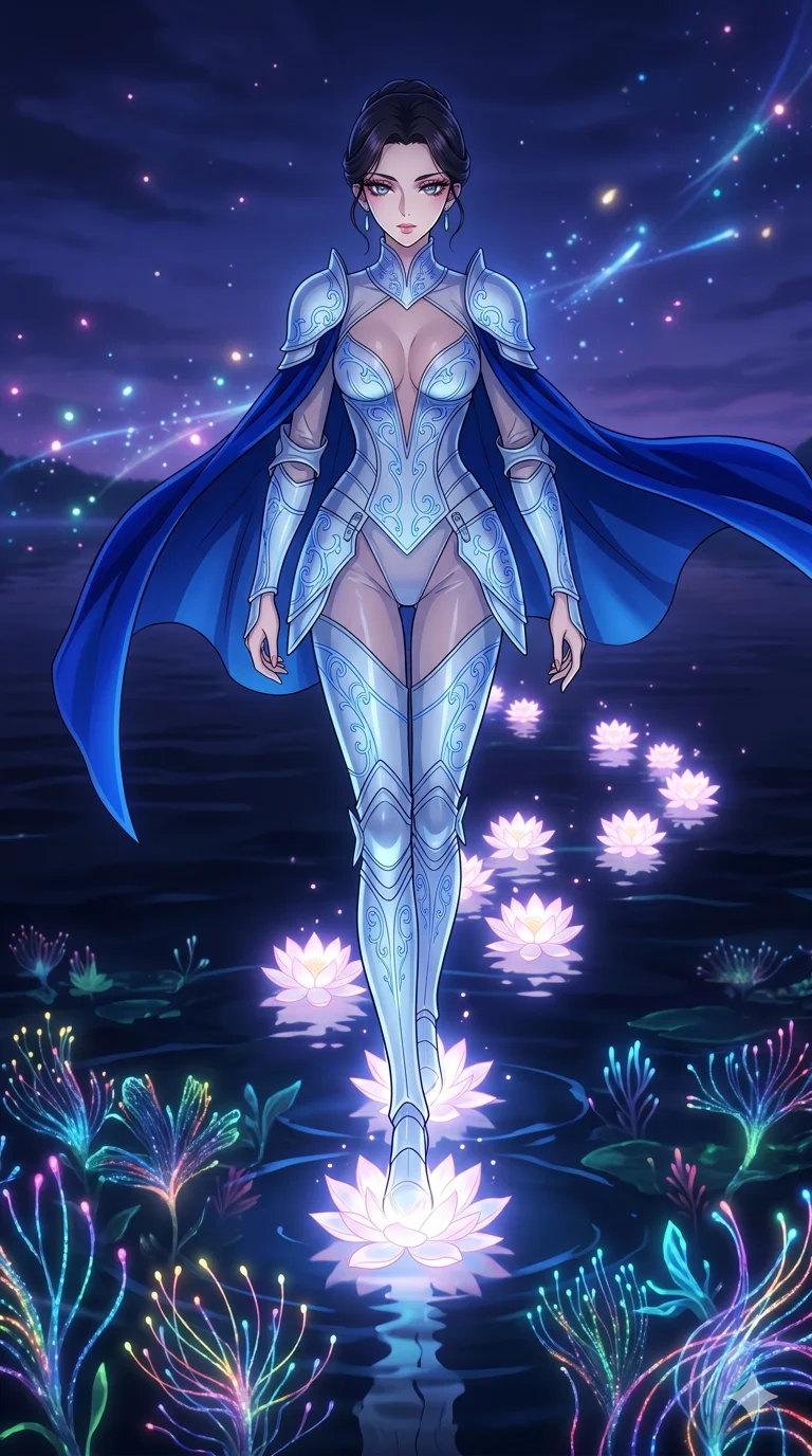 score_9, masterpiece, best quality, ultra-detailed, High-budget Anime Keyframe, vibrant colors, fluid line-art, expressive lighting, cinematic composition, Ufotable-style visual effects, top-tier animation quality, Japanese woman with delicate and elegant anime-inspired features. Dynamic full-body shot stretching the vertical silhouette, capturing her from a powerful low-angle perspective. Creating a path of glowing lotus flowers with every step across a dark lake. She has an absolutely perfect 8-heads proportion, an exceptionally tall and slender female figure with impossibly long slender legs and an ultra-slim waist, her statuesque height and towering silhouette dominating the vertical 9:16 frame. Her face is a masterpiece featuring a sharp v-shaped jawline, high-bridge nose, intricate jewel-like eyes with depth, thick eyelashes, and glossy lips with a natural sheen. She is wearing a Form-fitting light silver plate armor with intricate engravings, over a sheer silk bodysuit with a deep plunging neckline, and a royal blue velvet cape.. The scene is set in an underwater Eden where the plants are made of light and fiber-optics. 2k, ultra detail, master piece, 9:16 ratio
