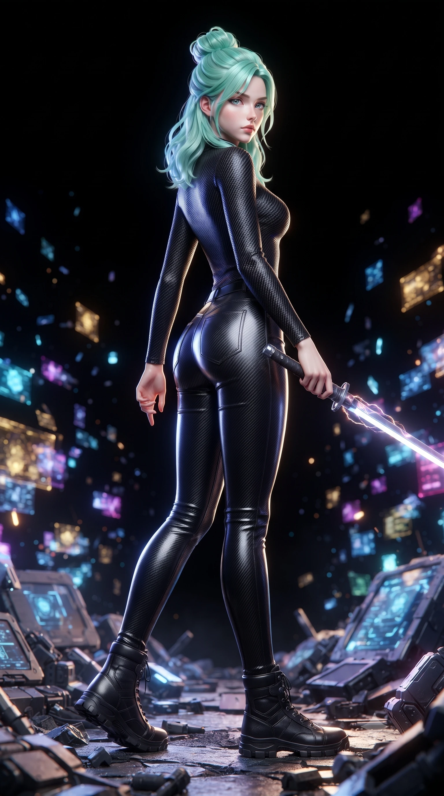 score_9, masterpiece, best quality, ultra-detailed, high-budget anime keyframe, editorial fashion photography, tasteful artistic composition, Japanese woman. low angle full-body shot from head to toe showing her feet, filling the entire 9:16 vertical frame with her statuesque presence, stretching her vertical silhouette. stepping gracefully through battlefield debris with a glowing saber hilt in hand, looking back over her shoulder, the background shows a soft-focus a digital combat arena with glowing data-shards floating in a pitch-black void. She has an absolutely perfect, statuesque 8.5-heads proportion, an exceptionally tall and slender model-like female figure with impossibly long slender legs and an ultra-slim waist. sharp v-shaped jawline, high-bridge nose, intricate jewel-like eyes with depth, thick eyelashes, glossy lips with a natural sheen. wearing a slim-fit form-fitting carbon-weave long-sleeve top paired with tight-fitting black carbon-fiber pants. the vibrant light of the data-shards casting a colorful, dramatic rim light. ultra-reflective glossy finish, specular highlights, metallic sheen, high-contrast stereoscopic depth, volumetric dynamic lighting, 2k, ultra detail, master piece, 9:16 ratio