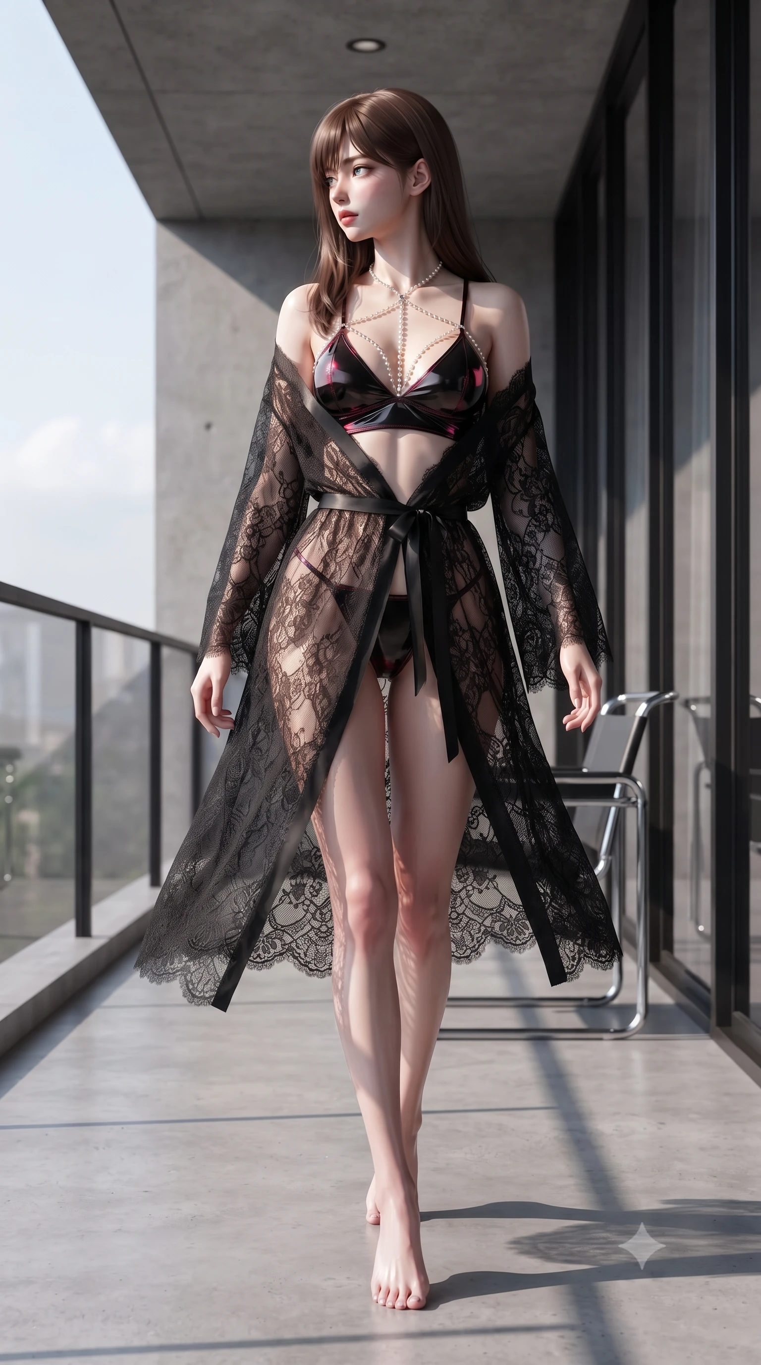 score_9, masterpiece, best quality, ultra-detailed, high-budget anime keyframe, editorial fashion photography, tasteful artistic composition, Korean woman. low angle full-body shot from head to toe showing her feet, filling the entire 9:16 vertical frame with her statuesque presence, stretching her vertical silhouette. walking along the terrace with poise, looking back over her bare shoulder with an irresistible smoldering bedroom-gaze while twisting her slender torso in an alluring contrapposto stance, geometric window mullion shadows carving sharp lines across her curves. The surrounding environment is rendered in vivid detail and crisp panoramic clarity: sharp black steel window mullion joints, tubular chrome chair tubing reflections, and smooth concrete balcony slab in deep focus. She has an absolutely perfect, statuesque 8.5-heads proportion, an exceptionally tall and slender model-like female figure with impossibly long slender legs, an ultra-slim waist, a flat toned midriff, narrow delicate ribcage, and beautifully sculpted feminine hips creating a graceful, slim hourglass silhouette without any bulky heaviness. sharp v-shaped jawline, high-bridge nose, sparkling eyes with hypnotic seductive depth, thick curled eyelashes, glossy parted lips with a natural dewy peach sheen, alluring bedroom-eyes with an enchanting coquettish smile, exuding magnetic siren charisma and sophisticated glamour, flawlessly proportioned anatomical accuracy, strict slender model proportions, natural body alignment, perfectly sculpted long slender limbs, ultra-slim waistline, clean dynamic posture without body distortion. wearing a delicate semi-sheer black Chantilly lace boudoir robe worn loose and slipping off bare shoulders over a matching satin bralette in wet-look onyx black with crimson specular reflections, crafted from wet-look high-gloss vinyl fabric with dazzling specular surface reflections, accented with a pearl-drop body harness subtly framing her dewy collarbones and spine, the high-slit wrap tailoring accentuating her ultra-slim waistline and the enchanting curve of her feminine hips with alluring seductive charm. illuminated by chrome chair specular bounce and sharp platinum rim lights sculpting her jawline, flat midriff, and voluptuous hip curves. ultra-reflective glossy finish, specular highlights, rich textural contrasts, high-contrast stereoscopic depth, volumetric dynamic lighting, 2k, ultra detail, master piece, 9:16 ratio