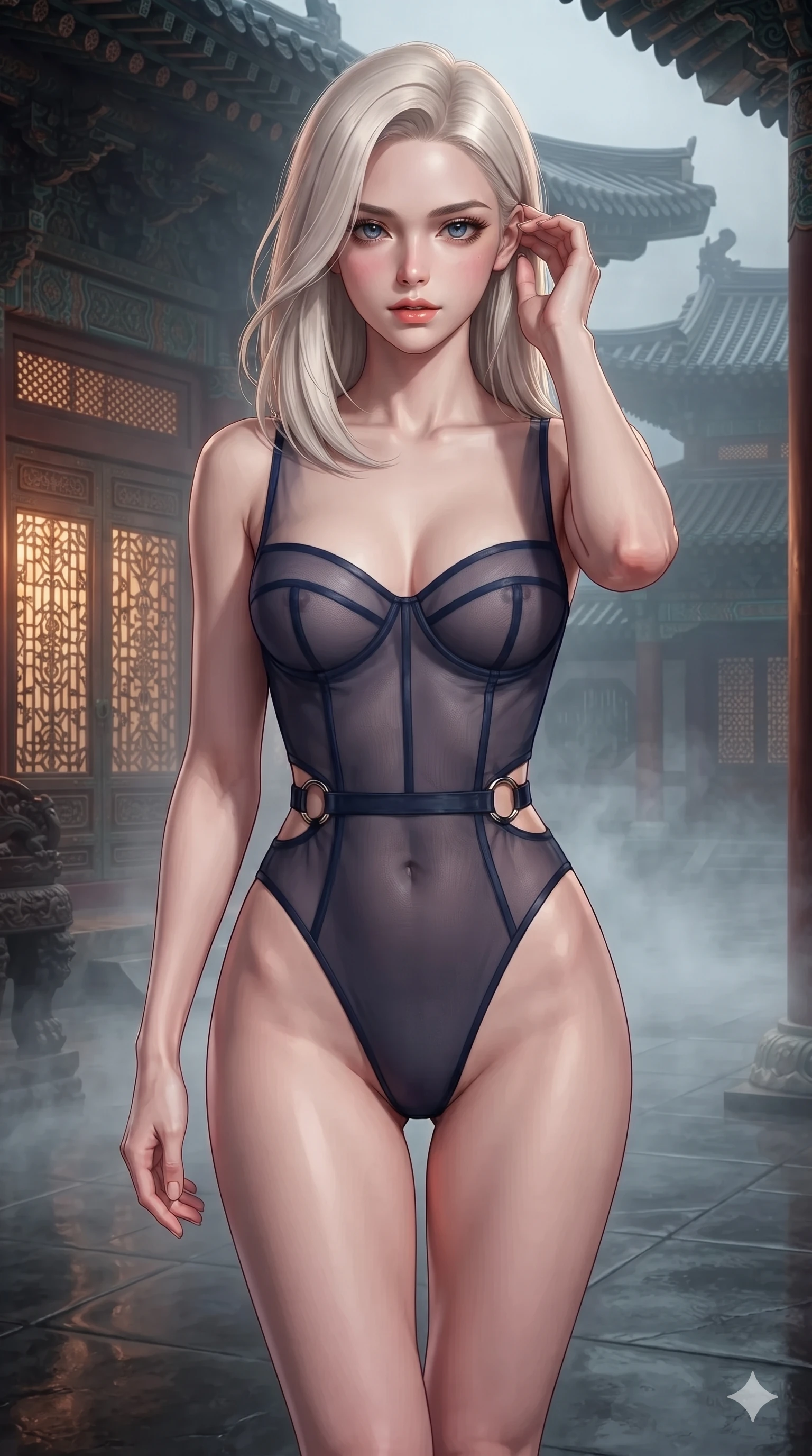 score_9, masterpiece, best quality, ultra-detailed, high-budget anime keyframe, editorial fashion photography, tasteful artistic composition, Caucasian woman. close-up cowboy shot from the waist and thighs up, the character dominates the composition, filling the frame with her large presence. gently brushing a lock of silk hair behind her ear while casting a playful, flirtatious side-gaze with long eyelashes while walking slowly through the fragrant misty hall with feline poise, her long slender legs and curvy hips commanding the sacred atmosphere. The surrounding environment is rendered in vivid detail and crisp panoramic clarity: detailed sheer dark chiffon gown drape, structured bodice silhouette, and imperial palace architecture in razor-sharp clarity. She has an exceptionally elegant, slender, and willowy female figure with an ultra-slim waist, flat toned midriff, narrow ribcage, and sculpted feminine hips creating an alluring, slim hourglass silhouette without bulk. sharp v-shaped jawline, high-bridge nose, sparkling eyes with hypnotic seductive depth, thick curled eyelashes, glossy parted lips with a natural dewy peach sheen, alluring bedroom-eyes with an enchanting coquettish smile, exuding magnetic siren charisma and sophisticated glamour, flawlessly proportioned anatomical accuracy, strict slender model proportions, natural body alignment, perfectly sculpted long slender limbs, ultra-slim waistline, clean dynamic posture without body distortion. wearing a delicate semi-translucent wet-look mesh hanbok bodysuit clinging sheerly to her sculpted torso and hip curves in midnight indigo and glowing lantern topaz, made of delicate semi-sheer nobang silk organza that drapes softly against skin with airy translucence, accented with sculptural chrome hardware rings framing the subtle cutouts, the bespoke structured tailoring following the natural line of her 8.5-heads silhouette with refined elegance. illuminated by polished floor bounce and sharp amber-bronze rim lights defining her razor-sharp jawline, narrow waist, and curvy hips. ultra-reflective glossy finish, specular highlights, rich textural contrasts, high-contrast stereoscopic depth, volumetric dynamic lighting, 2k, ultra detail, master piece, 9:16 ratio