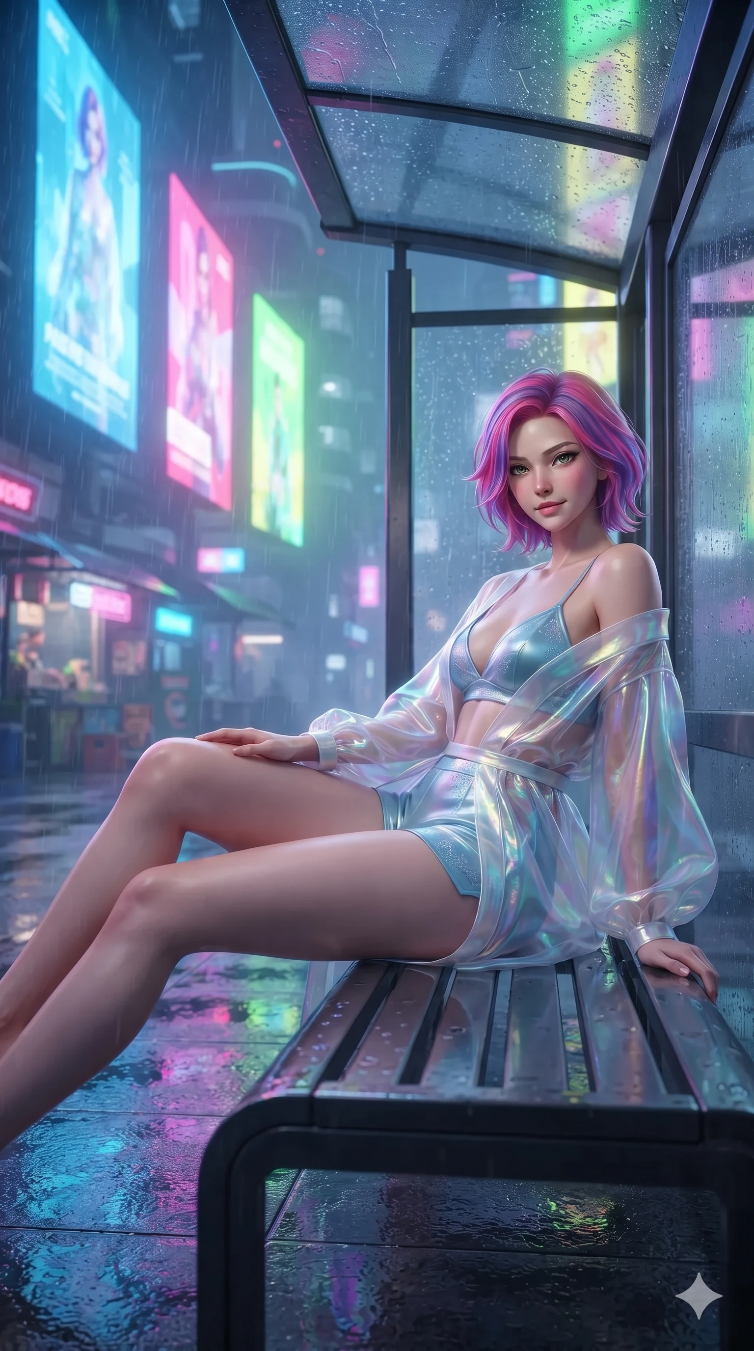 score_9, masterpiece, best quality, ultra-detailed, high-budget anime keyframe, editorial fashion photography, tasteful artistic composition, Caucasian woman. close-up cowboy shot from the waist and thighs up, the character dominates the composition, filling the frame with her large presence. turning slowly with an enchanting smoldering smile, her glossy hair tossing in the breeze as her hips angle gracefully in a captivating contrapposto while lounging gracefully across the sheltered street bench with legs extended, displaying her long slender limbs and statuesque hourglass silhouette amid rain-washed neon. The background shows a soft-focus fine urban rain mist softened in cyberpunk neon boulevard shallow focus. She has an exceptionally elegant, slender, and willowy female figure with an ultra-slim waist, flat toned midriff, narrow ribcage, and sculpted feminine hips creating an alluring, slim hourglass silhouette without bulk. sharp v-shaped jawline, high-bridge nose, intricate jewel-like sparkling eyes with depth, thick eyelashes, glossy parted lips with a natural peach sheen, bright cheerful beaming smile with an enchanting and coquettish sensual glint, exuding both youthful cute charm and seductive allure, flawlessly proportioned anatomical accuracy, strict slender model proportions, natural body alignment, perfectly sculpted long slender limbs, ultra-slim waistline, clean dynamic posture without body distortion. wearing a translucent iridescent organza kimono robe slipping off bare shoulders over a matching satin micro-bralette and micro-shorts in glacial aurora cyan and starlight silver, featuring strategic sheer-illusion tulle side panels framing her ribcage and hips, featuring fine criss-cross lace-up side ties revealing tantalizing glimpses of her hip curve, the impeccably tailored cut draping gracefully along her slender figure with aristocratic poise. bathed in the dynamic multi-colored glow of towering holographic billboards mixed with street rain reflections. ultra-reflective glossy finish, specular highlights, rich textural contrasts, high-contrast stereoscopic depth, volumetric dynamic lighting, 2k, ultra detail, master piece, 9:16 ratio