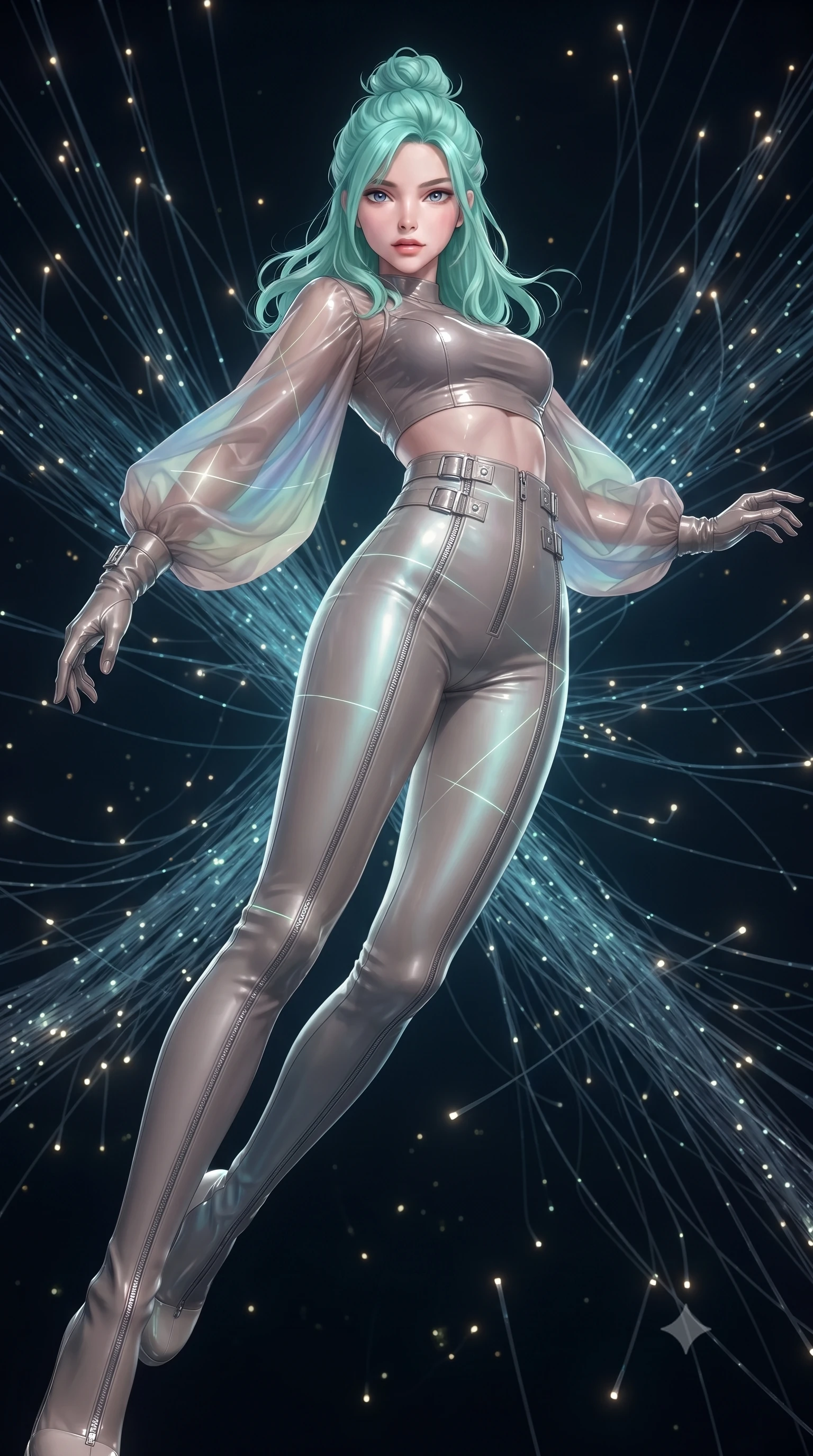 score_9, masterpiece, best quality, ultra-detailed, high-budget anime keyframe, editorial fashion photography, tasteful artistic composition, Japanese woman. low angle full-body shot from head to toe showing her feet, filling the entire 9:16 vertical frame with her statuesque presence, stretching her vertical silhouette. pivoting dynamically in zero-gravity with fluid body alignment, displaying her perfect model proportions while pivoting her torso in an S-curve alignment inside a 3D fiber-optic loom void, glowing fiber optic motes drifting like fireflies in the dark background. She has an absolutely perfect, statuesque 8.5-heads proportion, an exceptionally tall and slender model-like female figure with impossibly long slender legs and an ultra-slim waist. sharp v-shaped jawline, high-bridge nose, intricate jewel-like eyes with depth, thick eyelashes, glossy lips with a natural sheen, flawlessly proportioned anatomical accuracy, natural body alignment, perfectly sculpted elegant limbs, clean dynamic posture without body distortion. wearing a glossy vinyl crop top and high-waist tailored leggings with sleek zippers in muted taupe and soft ivory, crafted from iridescent chiffon that shifts colors in the light, detailed with polished silver buckles along the waistline, the glove-like fit emphasizing her statuesque silhouette during motion. bathed in sharp geometric laser grid highlights and soft ambient fill. ultra-reflective glossy finish, specular highlights, metallic sheen, high-contrast stereoscopic depth, volumetric dynamic lighting, 2k, ultra detail, master piece, 9:16 ratio