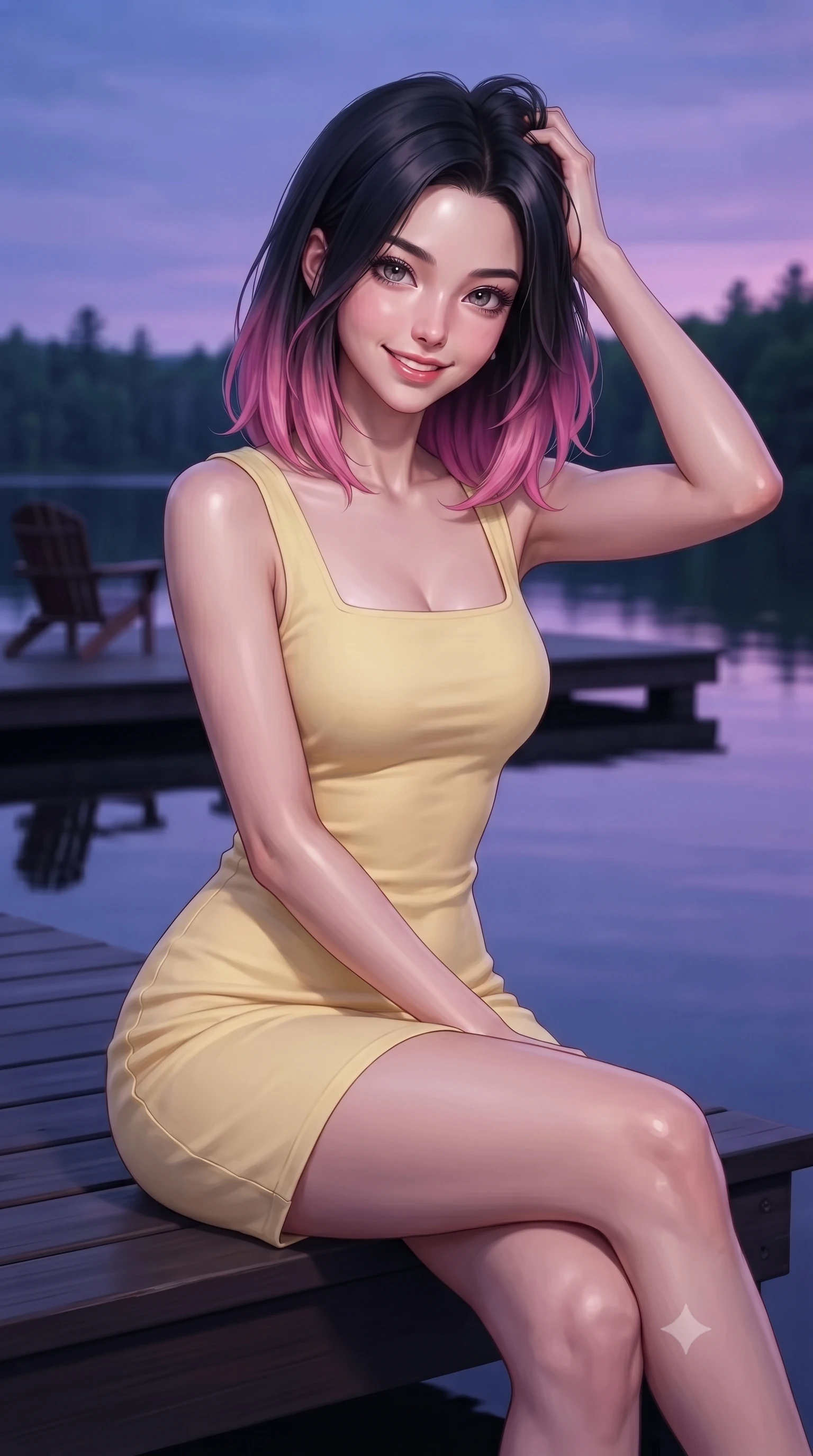 score_9, masterpiece, best quality, ultra-detailed, high-budget anime keyframe, editorial fashion photography, tasteful artistic composition, Korean woman woman. close-up cowboy shot from the waist and thighs up, the character dominates the composition, filling the frame with her large presence, background elements kept in soft focus. smiling with quiet, magnetic self-assurance directly into the camera, running a hand through her hair the background shows a soft-focus a simple dark wood deck extending over a calm forest lake, with two chairs. She has an exceptionally elegant, slender, and willowy female figure with an ultra-slim waist, a gracefully sculpted slender torso, and a refined silhouette. sharp v-shaped jawline, high-bridge nose, intricate jewel-like eyes with depth, thick eyelashes, glossy lips with a natural sheen. wearing a body-hugging casual summer sundress in pale yellow cotton with a simple square neckline. the serene purple and blue hues of twilight reflecting on the still water. ultra-reflective glossy finish, specular highlights, metallic sheen, high-contrast stereoscopic depth, volumetric dynamic lighting, 2k, ultra detail, master piece, 9:16 ratio