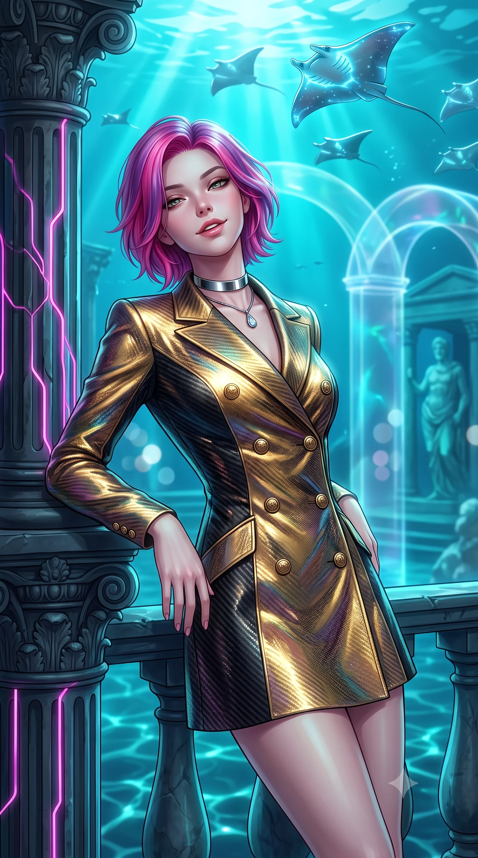 score_9, masterpiece, best quality, ultra-detailed, high-budget anime keyframe, editorial fashion photography, tasteful artistic composition, Caucasian woman. close-up cowboy shot from the waist and thighs up, the character dominates the composition, filling the frame with her large presence. leaning back against the balustrade with relaxed seductive grace, head tilted back slightly while casting a hypnotic, heavy-lidded gaze while leaning against the ancient fluted Corinthian column reinforced with glowing cyber-veins with hips cocked back, watching cyber-manta rays glide overhead with smoldering bedroom-eyes. The background shows a soft-focus drifting schools of glowing cyber-manta rays, translucent holographic architectural arches, and sunken classical statues blurred into aqua, cyan, and pearl bokeh. She has an exceptionally elegant, slender, and willowy female figure with an ultra-slim waist, flat toned midriff, narrow ribcage, and sculpted feminine hips creating an alluring, slim hourglass silhouette without bulk. sharp v-shaped jawline, high-bridge nose, intricate jewel-like sparkling eyes with depth, thick eyelashes, glossy parted lips with a natural peach sheen, bright cheerful beaming smile with an enchanting and coquettish sensual glint, exuding both youthful cute charm and seductive allure, flawlessly proportioned anatomical accuracy, strict slender model proportions, natural body alignment, perfectly sculpted long slender limbs, ultra-slim waistline, clean dynamic posture without body distortion. wearing a tailored double-breasted iridescent silk lamé coat dress with metallic button closures in singularity accretion gold and deep space void black, woven from structured carbon-fiber jacquard with rich textural depth, finished with a minimalist chrome choker and a single teardrop diamond pendant, the bespoke structured tailoring following the natural line of her 8.5-heads silhouette with refined elegance. bathed in brilliant underwater cyan caustic ribbons and pulsing hard-light holographic projections. ultra-reflective glossy finish, specular highlights, rich textural contrasts, high-contrast stereoscopic depth, volumetric dynamic lighting, 2k, ultra detail, master piece, 9:16 ratio