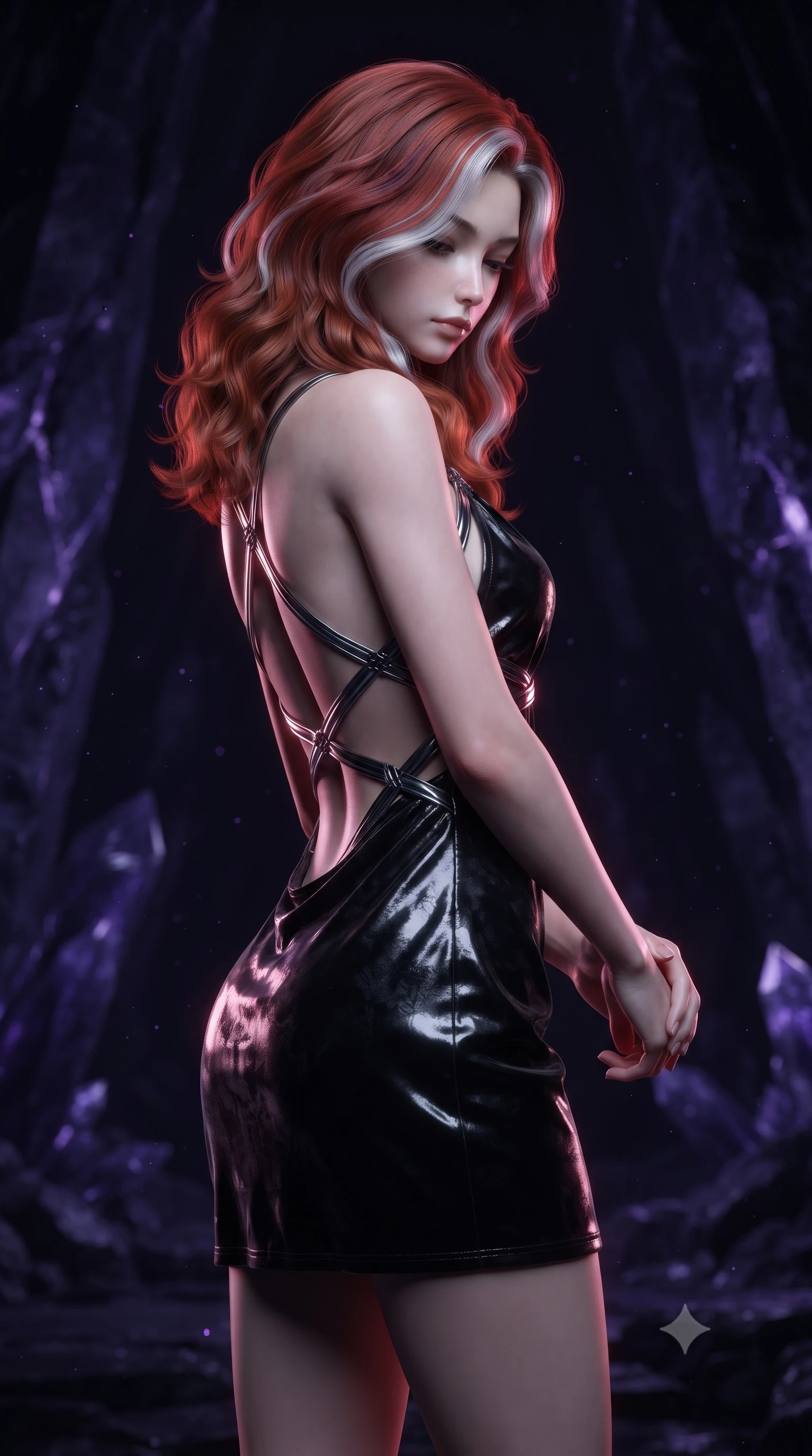 score_9, masterpiece, best quality, ultra-detailed, high-budget anime keyframe, editorial fashion photography, tasteful artistic composition, Caucasian woman. close-up cowboy shot from the waist and thighs up, the character dominates the composition, filling the frame with her large presence, background elements kept in soft focus. Looking down with lowered lashes and a composed, powerful dark aura, navigating an obsidian needle monolith chamber illuminated by dark violet crystal veins, fine violet bioluminescent dust floating in pitch-black air. She has an exceptionally elegant, slender, and willowy female figure with an ultra-slim waist, a gracefully sculpted slender torso, and a refined silhouette. sharp v-shaped jawline, high-bridge nose, intricate jewel-like eyes with depth, thick eyelashes, glossy lips with a natural sheen. wearing dramatically scooped backless dark satin mini dress with criss-cross chrome straps in pitch-black onyx, made of crushed dark silk velvet, highlighted by a gunmetal metallic harness structure, accentuating her gracefully sculpted slender torso. surrounded by moody midnight shadows with sharp crimson rim light tracing her silhouette. ultra-reflective glossy finish, specular highlights, metallic sheen, high-contrast stereoscopic depth, volumetric dynamic lighting, 2k, ultra detail, master piece, 9:16 ratio