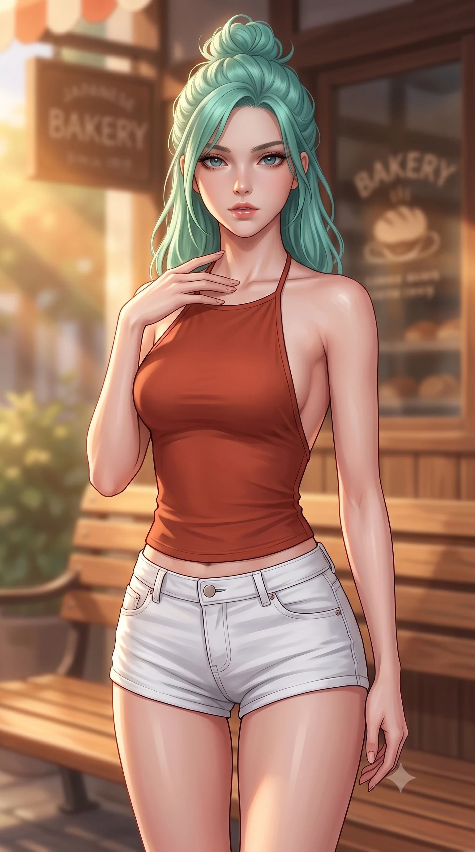 score_9, masterpiece, best quality, ultra-detailed, high-budget anime keyframe, editorial fashion photography, tasteful artistic composition, Japanese woman woman. close-up cowboy shot from the waist and thighs up, the character dominates the composition, filling the frame with her large presence, background elements kept in soft focus. standing with one hand resting on her collarbone, looking at the viewer with bedroom-eyes the background shows a soft-focus a wooden bench outside a cozy bakery, with the scent of fresh bread in the soft focus air. She has an exceptionally elegant, slender, and willowy female figure with an ultra-slim waist, a gracefully sculpted slender torso, and a refined silhouette. sharp v-shaped jawline, high-bridge nose, intricate jewel-like eyes with depth, thick eyelashes, glossy lips with a natural sheen. wearing a slim-fit backless halter top in terracotta red, paired with white denim micro-shorts. warm morning sunbeams casting a cozy amber glow. 2k, ultra detail, master piece, 9:16 ratio
