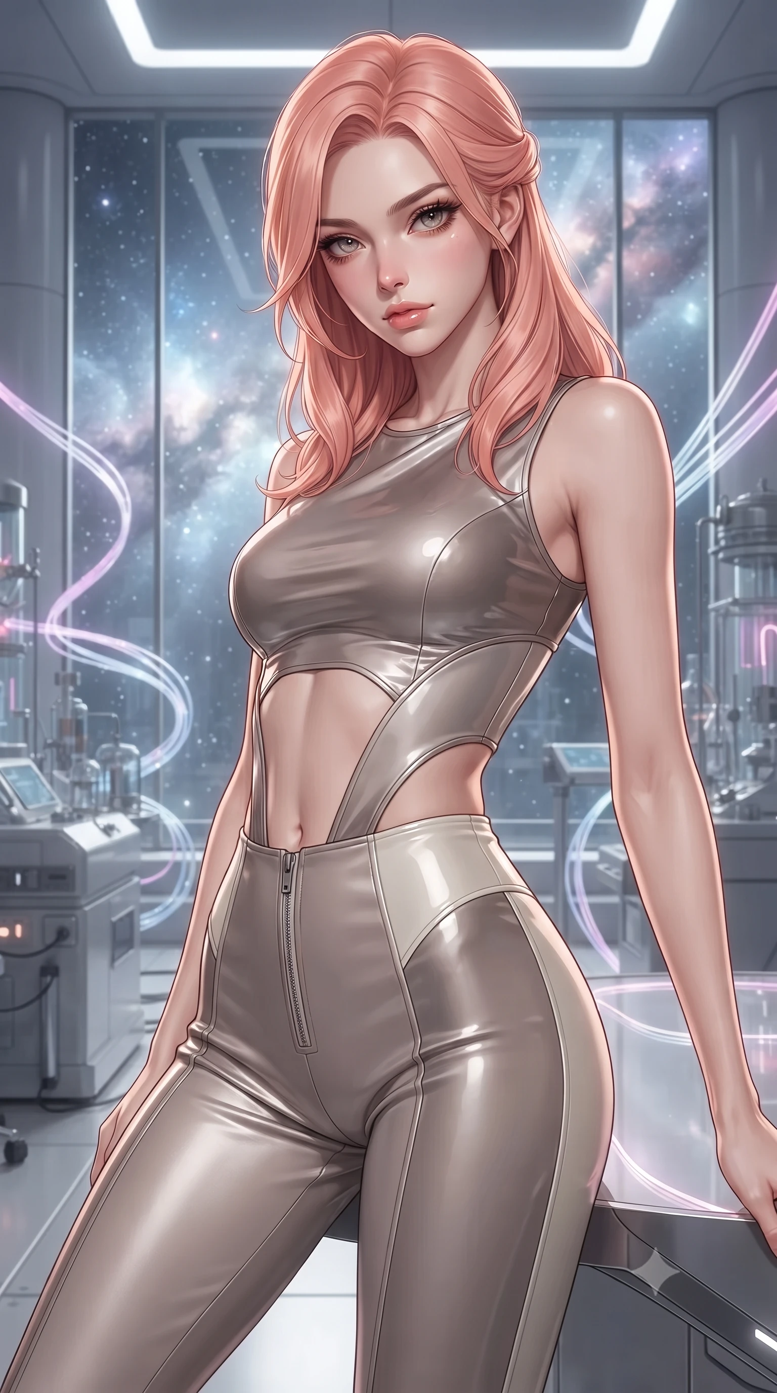 score_9, masterpiece, best quality, ultra-detailed, high-budget anime keyframe, editorial fashion photography, tasteful artistic composition, Japanese woman. close-up cowboy shot from the waist and thighs up, the character dominates the composition, filling the frame with her large presence, background elements kept in soft focus. Leaning slightly forward with a composed, seductive gaze under soft glowing light threading neon fiber-optic ribbons in a futuristic laboratory room, starlight and cosmic nebula clouds glowing through the floor-to-ceiling glass. She has an exceptionally elegant, slender, and willowy female figure with an ultra-slim waist, a gracefully sculpted slender torso, and a refined silhouette. sharp v-shaped jawline, high-bridge nose, intricate jewel-like eyes with depth, thick eyelashes, glossy lips with a natural sheen. wearing a glossy vinyl crop top and high-waist tailored leggings with sleek zippers in muted taupe and soft ivory, crafted from lustrous satin jersey with fluid draping, featuring clean architectural cutouts along her slender torso, the tailored fabric tightly following every curve of her athletic build. lit by bright volumetric laser beams and soft specular highlights. ultra-reflective glossy finish, specular highlights, metallic sheen, high-contrast stereoscopic depth, volumetric dynamic lighting, 2k, ultra detail, master piece, 9:16 ratio