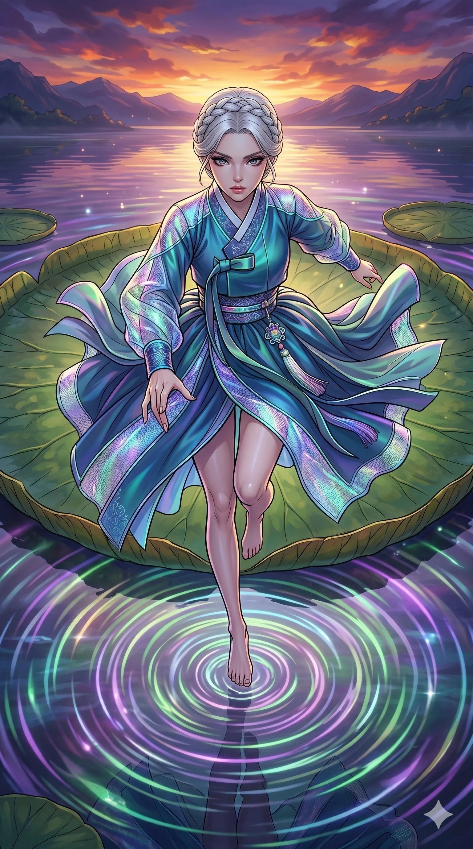 score_9, masterpiece, best quality, ultra-detailed, high-budget anime movie keyframe, cinematic anime lighting, intricate line art, Caucasian (strictly human ears) woman. Extreme high angle shot as she leaps towards the camera, filling the frame. dancing on a giant lily pad as ripples of light spread across the lake. She has an graceful and slender female figure with elegant proportions. strictly human anatomy, two legs only, no extra limbs, clearly defined legs and arms, well-defined anatomy, perfect hands and fingers. sharp v-shaped jawline, high-bridge nose, intricate jewel-like eyes, thick eyelashes, glossy lips. Wearing Modern Traditional: Modernized cyber-hanbok with elegant silk robes and holographic accents. The scene is illuminated by dramatic atmospheric lighting and vibrant color palettes. , 2k, ultra detail, master piece, 9:16 ratio