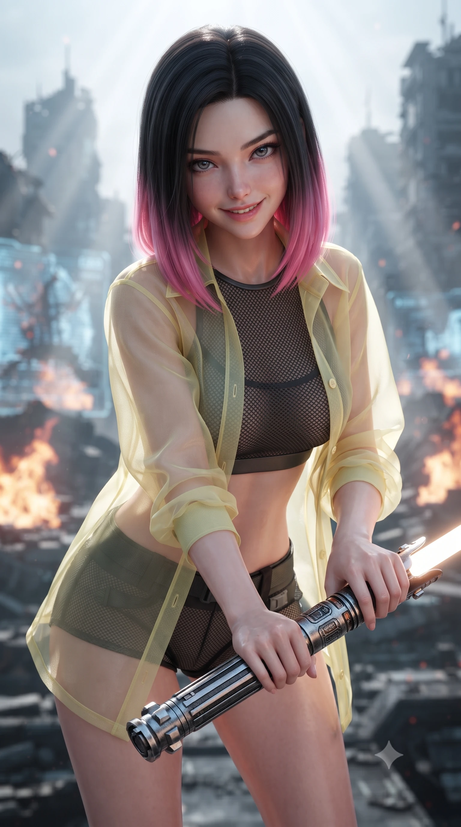 score_9, masterpiece, best quality, ultra-detailed, high-budget anime keyframe, editorial fashion photography, tasteful artistic composition, Korean woman. close-up cowboy shot from the waist and thighs up, the character dominates the composition, filling the frame with her large presence, background elements kept in soft focus. leaning slightly forward with a playful, teasing smile while holding a deactivated plasma saber hilt, the background shows a soft-focus a simulation deck showing a virtual battlefield in a ruined futuristic city. She has an exceptionally elegant, slender, and willowy female figure with an ultra-slim waist, a gracefully sculpted slender torso, and a refined silhouette. sharp v-shaped jawline, high-bridge nose, intricate jewel-like eyes with depth, thick eyelashes, glossy lips with a natural sheen. wearing a body-hugging sheer organza combat shirt in pale yellow, worn open over a carbon-mesh crop top and micro-shorts. dramatic volumetric sunbeams slicing through digital dust, creating light rays. ultra-reflective glossy finish, specular highlights, metallic sheen, high-contrast stereoscopic depth, volumetric dynamic lighting, 2k, ultra detail, master piece, 9:16 ratio