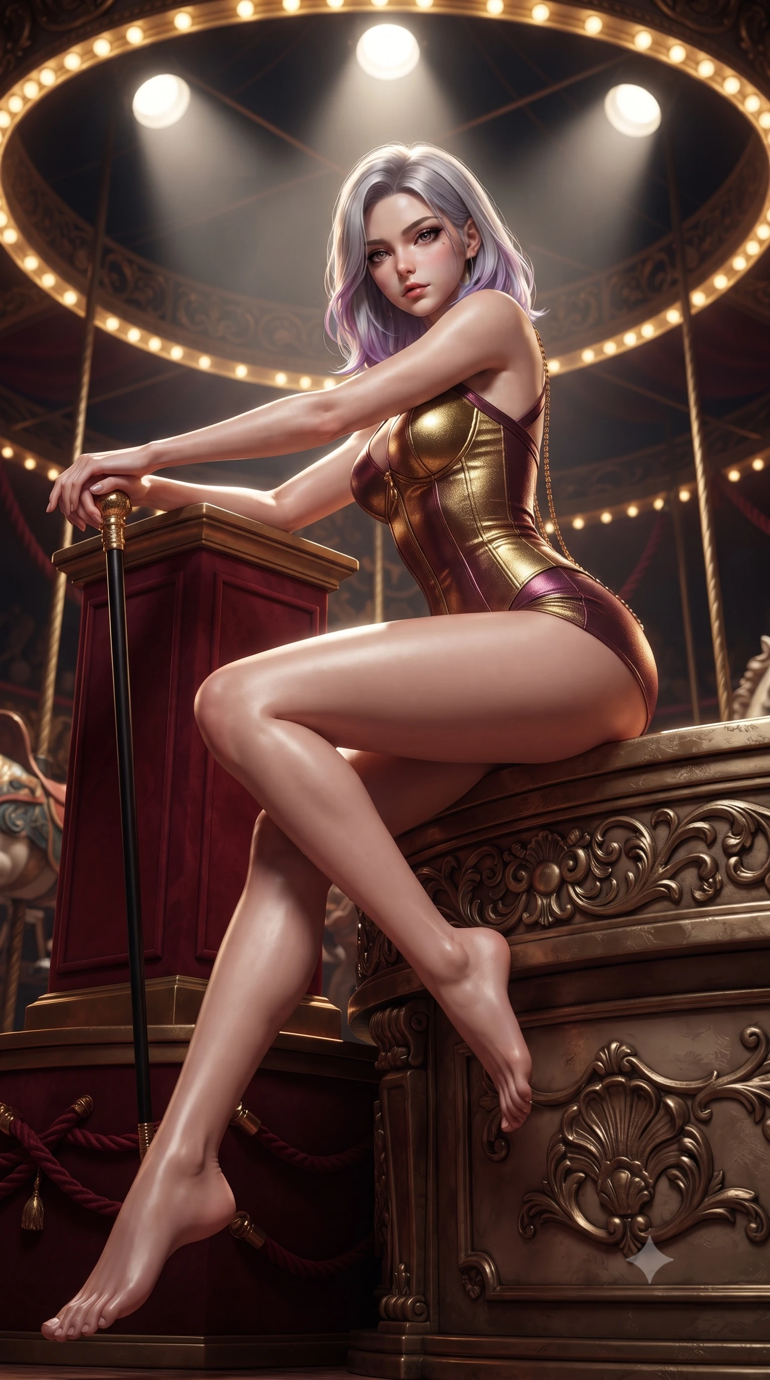 score_9, masterpiece, best quality, ultra-detailed, high-budget anime keyframe, editorial fashion photography, tasteful artistic composition, Caucasian woman. low angle full-body shot from head to toe showing her feet, filling the entire 9:16 vertical frame with her statuesque presence, stretching her vertical silhouette. sitting perched on the elevated edge with hips angled toward the camera and legs crossed, displaying her toned midriff and flawlessly sculpted slender limbs while leaning against a crimson circus ringmaster podium with hips cocked back, holding a gold-tipped cane while locking smoldering eyes with the lens. The surrounding environment is rendered in vivid detail and crisp panoramic clarity. sharp carved carousel filigree, velvet rope braid textures, and circus platform rigging in deep focus. She has an absolutely perfect, statuesque 8.5-heads proportion, an exceptionally tall and slender model-like female figure with impossibly long slender legs, a toned flat midriff, an ultra-slim waist, and beautifully sculpted feminine hips. sharp v-shaped jawline, high-bridge nose, intricate jewel-like eyes with depth, thick eyelashes, glossy parted lips with a natural sheen, intensely captivating and seductive bedroom-eyes expression, flawlessly proportioned anatomical accuracy, strict slender model proportions, natural body alignment, perfectly sculpted long slender limbs, ultra-slim waistline, clean dynamic posture without body distortion. wearing a sculptured metallic gold corseted leotard with crossed back harness straps and boy-short leg cut in antique burgundy wine and shimmering gold, crafted from luxurious metallic lamé that shifts radiance with every step, accented with a glittering gold back chain tracing her bare spine down to her hip line, the liquid-tight tailored fabric clinging flawlessly to her narrow waist and rounded feminine hips, emphasizing every millimeter of her sculpted hourglass curves during movement. bathed in dramatic overhead circular spotlight beams and warm golden carousel perimeter glow. ultra-reflective glossy finish, specular highlights, rich textural contrasts, high-contrast stereoscopic depth, volumetric dynamic lighting, 2k, ultra detail, master piece, 9:16 ratio