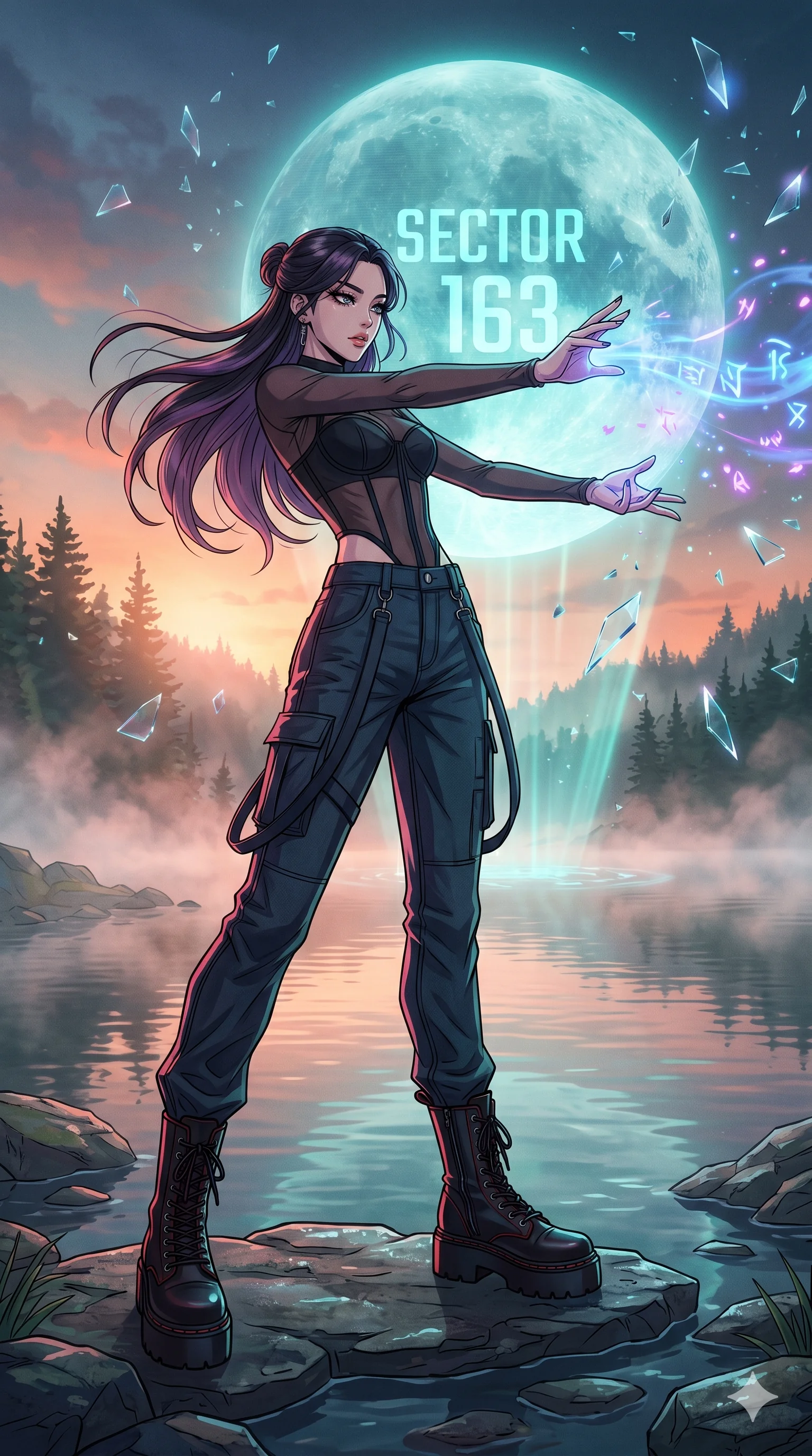 score_9, masterpiece, best quality, ultra-detailed, Set A: High-budget Anime Keyframe, Korean woman. Low angle cowboy shot filling the entire 9:16 frame with her statuesque presence. Casting a spell through a misty lakeside at dawn, with a massive holographic moon rising behind her marked as sector 163 and surrounded by shattered glass fragments. She has an absolutely perfect 8-heads proportion, an exceptionally tall and slender female figure with impossibly long slender legs and an ultra-slim waist. Sharp v-shaped jawline, high-bridge nose, intricate jewel-like eyes with depth, thick eyelashes, glossy lips with a natural sheen. Wearing Sheer corset top with high-waist tech-denim and heavy platform combat boots. Cinematic lighting, vibrant colors, dramatic shadows, 2k, ultra detail, master piece, 9:16 ratio