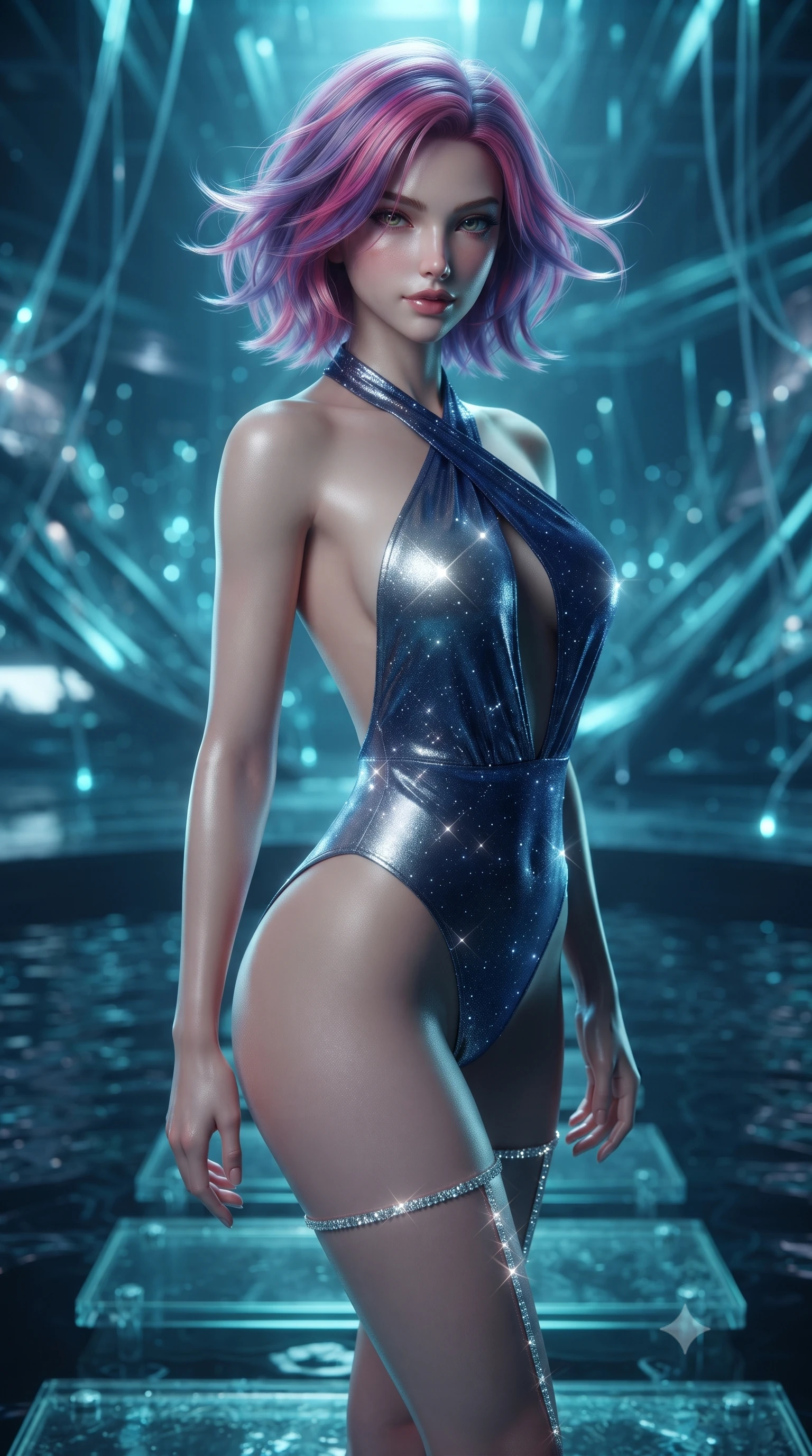 score_9, masterpiece, best quality, ultra-detailed, high-budget anime keyframe, editorial fashion photography, tasteful artistic composition, Caucasian woman. close-up cowboy shot from the waist and thighs up, the character dominates the composition, filling the frame with her large presence. turning slowly with an enchanting smoldering smile, her glossy hair tossing in the breeze as her hips angle gracefully in a captivating contrapposto while standing poised on the transparent glass stepping stones above the dark reflecting basin, arching her back with breathtaking sci-fi elegance. The background shows a soft-focus submerged fiber-optic lights softened in avant-garde sci-fi shallow focus. She has an exceptionally elegant, slender, and willowy female figure with an ultra-slim waist, flat toned midriff, narrow ribcage, and sculpted feminine hips creating an alluring, slim hourglass silhouette without bulk. sharp v-shaped jawline, high-bridge nose, sparkling eyes with hypnotic seductive depth, thick curled eyelashes, glossy parted lips with a natural dewy peach sheen, alluring bedroom-eyes with an enchanting coquettish smile, exuding magnetic siren charisma and sophisticated glamour, flawlessly proportioned anatomical accuracy, strict slender model proportions, natural body alignment, perfectly sculpted long slender limbs, ultra-slim waistline, clean dynamic posture without body distortion. wearing a criss-cross halterneck keyhole bodysuit with open back and sculpted waist darts in molten liquid silver and deep sapphire navy, woven from stretch metallic lurex jersey casting radiant starlight glints across her silhouette, finished with delicate crystal-encrusted thigh garter straps glinting in the dim light, the precision-cut side openings and low-back scoop framing her graceful spine and the sensual sweep of her slim, toned hips. illuminated by basin water specular reflections and sharp electric-cyan rim lights defining her delicate clavicles, narrow waist, and curvy hips. ultra-reflective glossy finish, specular highlights, rich textural contrasts, high-contrast stereoscopic depth, volumetric dynamic lighting, 2k, ultra detail, master piece, 9:16 ratio