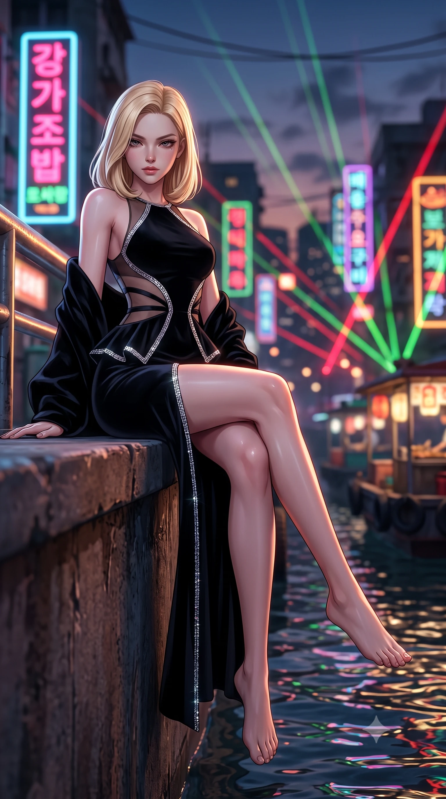 score_9, masterpiece, best quality, ultra-detailed, high-budget anime keyframe, semi-realistic 3D game render, editorial fashion photography, tasteful artistic composition, Korean woman. low angle full-body shot from head to toe showing her feet, filling the entire 9:16 vertical frame with her statuesque presence, stretching her vertical silhouette. sitting perched on the elevated edge with hips angled toward the camera and legs crossed, displaying her toned midriff and flawlessly sculpted slender limbs while leaning against the illuminated harbor railing with hips cocked, casting a smoky, dangerous bedroom-gaze past floating street food barges. The composition keeps background elements in soft focus with creamy bokeh. swirling vertical kanji neon signs and harbor laser displays blurred into hot crimson, laser emerald, and amber bokeh. She has an exceptionally tall and slender model-like 8.5-heads proportion, an ultra-slim waist, a flat toned midriff, narrow delicate ribcage, and beautifully sculpted feminine hips creating a graceful, slim hourglass silhouette without any bulky heaviness, with impossibly long slender legs. sharp v-shaped jawline, high-bridge nose, intricate jewel-like eyes with depth, thick eyelashes, glossy parted lips with a natural sheen, intensely captivating and seductive bedroom-eyes expression, flawlessly proportioned anatomical accuracy, strict slender model proportions, natural body alignment, perfectly sculpted long slender limbs, ultra-slim waistline, clean dynamic posture without body distortion. wearing a structural geometric peplum gown with sheer side-ribbon cutouts and form-fitting skirt in pitch-black velvet with diamond crystal trim, made of sheer contouring power-mesh with velvet flocking patterns, complemented by a plush velvet shawl draped loosely over her elbows, the glove-like aerodynamic silhouette tightly following the natural contour of her hips and long slender legs with statuesque 8.5-heads elegance. illuminated by rippling harbor water specular reflections accentuating her sculpted midriff, narrow waist, and curvy hips. highly saturated vibrant anime colors, detailed shading with soft gradients, rich glossy textures, high-contrast stereoscopic depth, volumetric dynamic lighting, master piece, 9:16 ratio