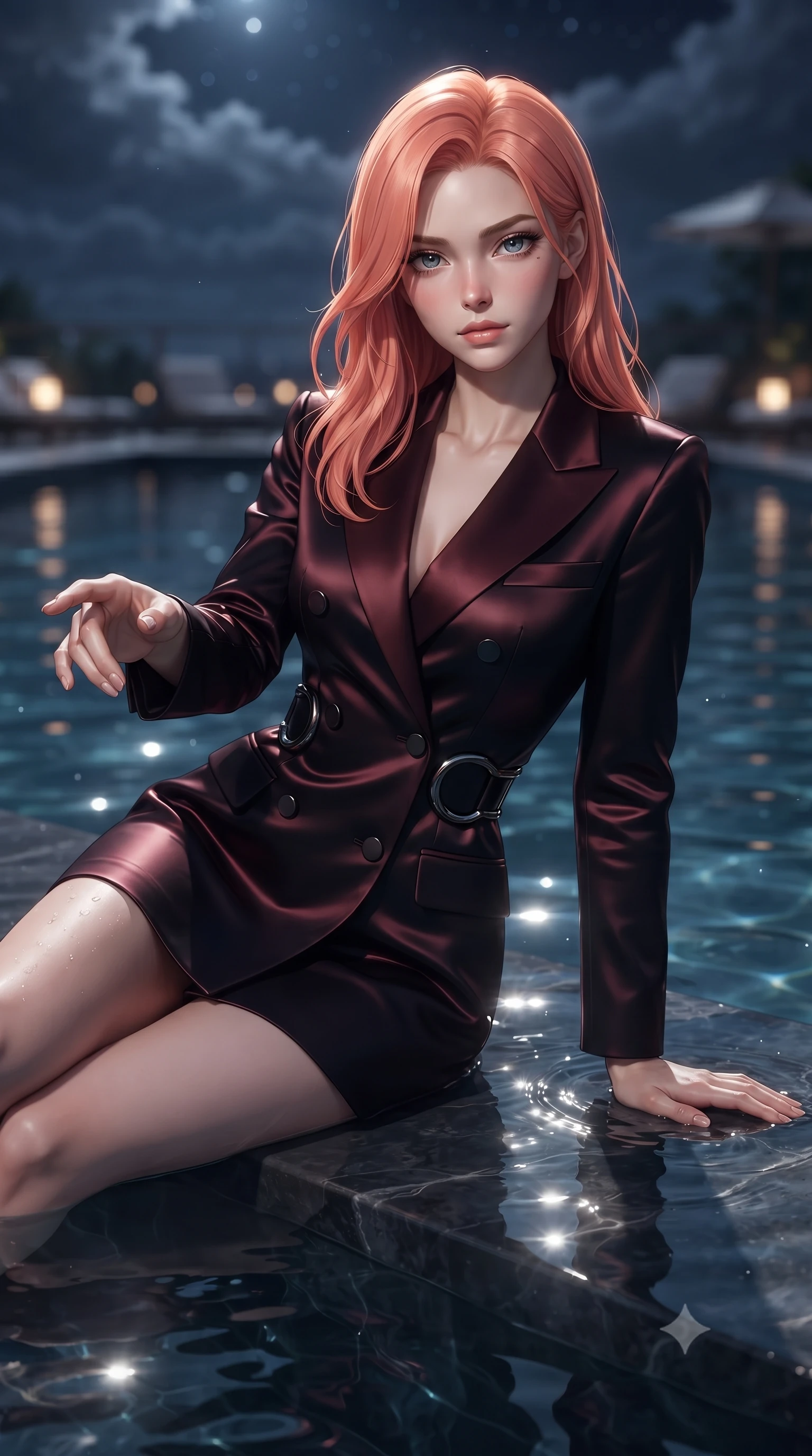 score_9, masterpiece, best quality, ultra-detailed, high-budget anime keyframe, editorial fashion photography, tasteful artistic composition, Japanese woman. close-up cowboy shot from the waist and thighs up, the character dominates the composition, filling the frame with her large presence, background elements kept in soft focus. Reaching one hand toward the viewer with relaxed sensual elegance, resting against the submerged pool ledge as gentle water ripples catch starlight, magnetic composed gaze directly into the camera with effortless confidence. She has an exceptionally elegant, slender, and willowy female figure with an ultra-slim waist, a gracefully sculpted slender torso, and a refined silhouette. sharp v-shaped jawline, high-bridge nose, intricate jewel-like eyes with depth, thick eyelashes, glossy lips with a natural sheen. wearing tailored double-breasted obsidian blazer dress with silk lapels in dark mahogany, made of soft crimson satin, accented with sculpted obsidian chrome rings at the waist, sculpting her athletic slender build with refined precision. lit by a single piercing key ray filtering through soft night clouds. ultra-reflective glossy finish, specular highlights, metallic sheen, high-contrast stereoscopic depth, volumetric dynamic lighting, 2k, ultra detail, master piece, 9:16 ratio
