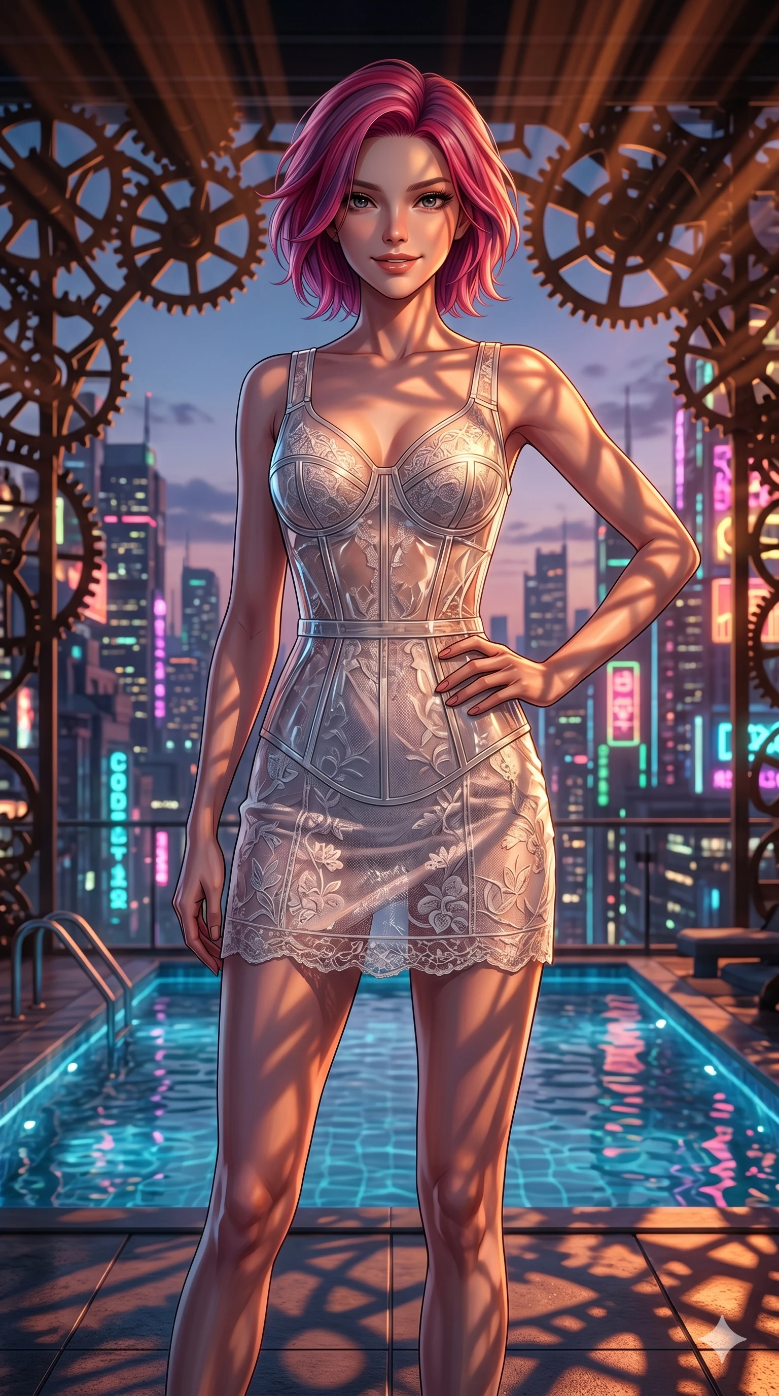 score_9, masterpiece, best quality, ultra-detailed, high-budget anime keyframe, editorial fashion photography, tasteful artistic composition, Caucasian woman, strictly human ears. cowboy shot from the thighs up, character and outfit filling the frame for maximum editorial presence. resting her hand on her hip, looking at the viewer with a confident smile on a rooftop pool terrace overlooking neon city (Code-P17-182). She has an absolutely perfect 8-heads proportion, an exceptionally tall and slender female figure with impossibly long slender legs and an ultra-slim waist. V-shaped jawline, high-bridge nose, intricate jewel-like eyes with depth, thick eyelashes, glossy lips with a natural sheen. wearing a translucent structured bodice over a white patterned embroidery slip dress. amber and copper light rays refracting through the gears, creating deep dramatic shadows. 2k, ultra detail, master piece, 9:16 ratio