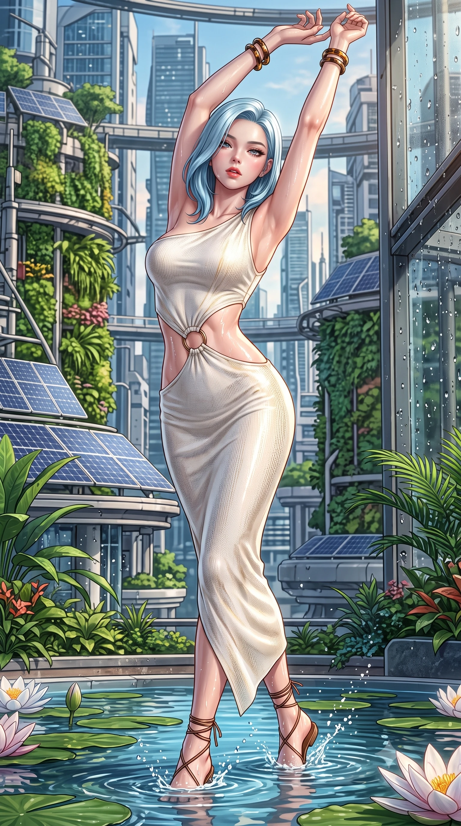 score_9, masterpiece, best quality, ultra-detailed, high-budget anime keyframe, semi-realistic 3D game render, editorial fashion photography, tasteful artistic composition, Korean woman. close-up cowboy shot from the waist and thighs up, the character dominates the composition, filling the frame with her large presence. arching her back languidly with arms stretching overhead, highlighting her narrow waist and feminine silhouette in pure supermodel elegance while wading lightly into the shallow lotus pool, water splashing around her slender ankles in glittering droplets. The surrounding environment is rendered in vivid detail and crisp panoramic clarity. detailed sky-high metropolis greenery, architectural solar panels, and water droplets in high clarity. She has an exceptionally elegant, slender, and willowy female figure with an ultra-slim waist, a gracefully sculpted slender torso, toned flat midriff, and a refined slim silhouette. sharp v-shaped jawline, high-bridge nose, intricate jewel-like eyes with depth, thick eyelashes, glossy parted lips with a natural sheen, intensely captivating and seductive expression, flawlessly proportioned anatomical accuracy, strict slender model proportions, natural body alignment, perfectly sculpted long slender limbs, ultra-slim waistline, clean dynamic posture without body distortion. wearing a modern goddess one-shoulder liquid-knit gown with an exposed midriff ring cutout in pristine ivory white and brushed brass gold, woven from fine organic mulberry silk with metallic gold thread, accessorized with minimalist leather wrap sandals and tortoise shell bangles, the lightweight liquid-knit fabric adhering like a second skin to her slender frame, highlighting her effortless sun-kissed charm. illuminated by wet specular highlights accentuating her collarbones, waistline, and slender curves. highly saturated vibrant anime colors, detailed shading with soft gradients, rich glossy textures, high-contrast stereoscopic depth, volumetric dynamic lighting, master piece, 9:16 ratio