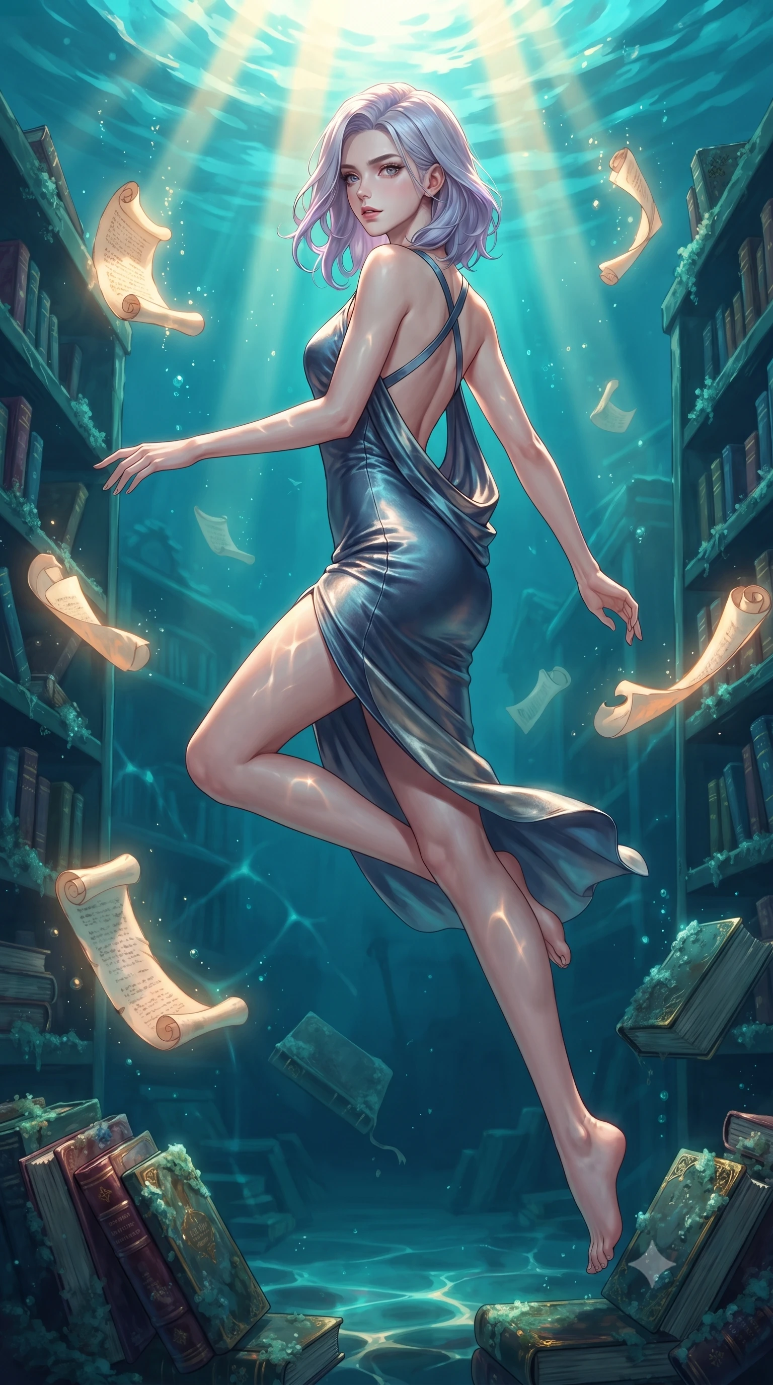 score_9, masterpiece, best quality, ultra-detailed, high-budget anime keyframe, editorial fashion photography, tasteful artistic composition, Caucasian woman. low angle full-body shot from head to toe showing her feet, filling the entire 9:16 vertical frame with her statuesque presence, stretching her vertical silhouette. leaping gracefully through the environment with statuesque elegance and long slender legs navigating a submerged ancient library surrounded by floating glowing scrolls, golden sunbeams penetrating deep turquoise water creating caustic light patterns. She has an absolutely perfect, statuesque 8.5-heads proportion, an exceptionally tall and slender model-like female figure with impossibly long slender legs and an ultra-slim waist. sharp v-shaped jawline, high-bridge nose, intricate jewel-like eyes with depth, thick eyelashes, glossy lips with a natural sheen. wearing a precision-fitted liquid jersey bodycon dress with a draped back in slate blue and metallic silver, made of premium stretch velvet with a rich sheen, complemented by criss-cross back straps highlighting her bare shoulders, the glove-like fit emphasizing her statuesque silhouette. bathed in brilliant underwater sunbeams and soft turquoise caustic glow. highly saturated vibrant anime colors, detailed shading with soft gradients, rich glossy textures, high-contrast stereoscopic depth, volumetric dynamic lighting, master piece, 9:16 ratio