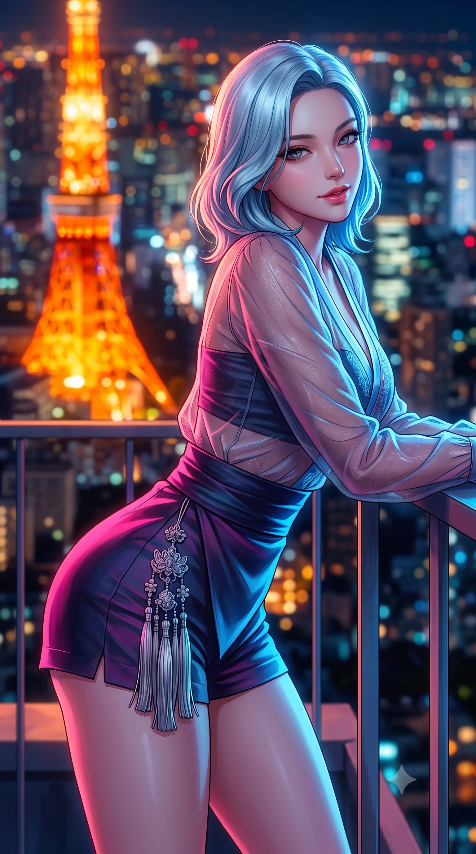 score_9, masterpiece, best quality, ultra-detailed, high-budget anime keyframe, semi-realistic 3D game render, editorial fashion photography, tasteful artistic composition, Korean woman. close-up cowboy shot from the waist and thighs up, the character dominates the composition, filling the frame with her large presence. leaning forward while arching her lower back to accentuate her curvy hips, looking into the camera with an intoxicating smoldering gaze and bedroom-eyes while leaning against the rooftop perimeter fence with relaxed alluring grace, looking back over her shoulder with an intoxicating bedroom-gaze. The background shows a soft-focus the iconic glowing orange lattice of Tokyo Tower and endless city lights blurred into vibrant tangerine, gold, and sapphire bokeh. She has an exceptionally elegant, slender, and willowy female figure with an ultra-slim waist, flat toned midriff, narrow ribcage, and sculpted feminine hips creating an alluring, slim hourglass silhouette without bulk. sharp v-shaped jawline, high-bridge nose, sparkling eyes with hypnotic seductive depth, thick curled eyelashes, glossy parted lips with a natural dewy peach sheen, alluring bedroom-eyes with an enchanting coquettish smile, exuding magnetic siren charisma and sophisticated glamour, flawlessly proportioned anatomical accuracy, strict slender model proportions, natural body alignment, perfectly sculpted long slender limbs, ultra-slim waistline, clean dynamic posture without body distortion. wearing a deep V-neck sheer gossamer hanbok blouse layered over an opaque silk bandeau and high-waisted wrap shorts in dual-tone high-contrast neon monochrome, tailored from fine ribbed modal knit with gentle elastic contouring and soft hand-feel, accented with an intricate silver norigae tassel swaying gracefully along her curving hip line, the glove-like clinging cut tightly following the natural contour of her hips and long slender legs with youthful 8.5-heads elegance. bathed in the warm orange radiance of Tokyo Tower mixed with cool metropolitan night ambient fill. highly saturated vibrant anime colors, detailed shading with soft gradients, rich glossy textures, high-contrast stereoscopic depth, volumetric dynamic lighting, master piece, 9:16 ratio