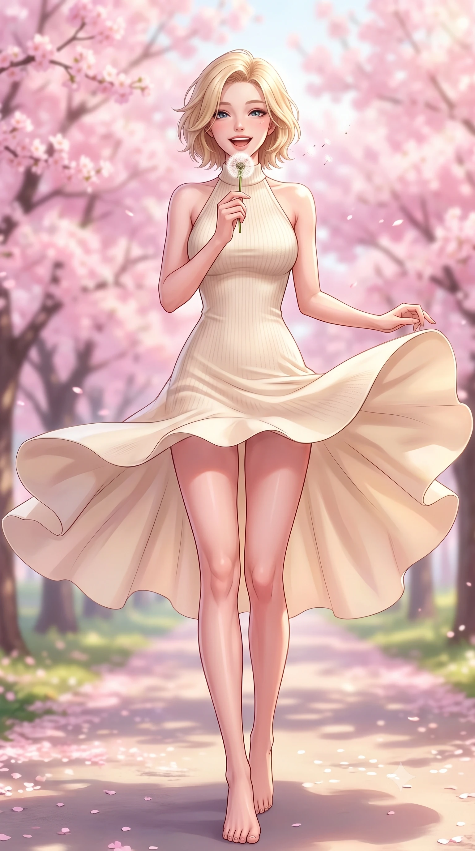 score_9, masterpiece, best quality, ultra-detailed, high-budget anime keyframe, editorial fashion photography, tasteful artistic composition, Caucasian woman. low angle full-body shot from head to toe showing her feet, filling the entire 9:16 vertical frame with her statuesque presence, stretching her vertical silhouette. twirling around with a playful, cute laugh, her skirt billowing beautifully in the air set against a soft-focus background of walking down a park path lined with blooming pink cherry blossom trees holding a fluffy dandelion clock, ready to blow the seeds with a cute smile. She has an absolutely perfect, statuesque 8.5-heads proportion, an exceptionally tall and slender model-like female figure with impossibly long slender legs and an ultra-slim waist. sharp v-shaped jawline, high-bridge nose, intricate jewel-like eyes with depth, thick eyelashes, glossy lips with a natural sheen. wearing tailored sleek, tight-fitting knit halter dress in cream, tracing her slender silhouette. soft diffused daylight creating a dreamy, pastel-colored country glow. highly saturated vibrant anime colors, detailed shading with soft gradients, rich glossy textures, high-contrast stereoscopic depth, volumetric dynamic lighting, master piece, 9:16 ratio