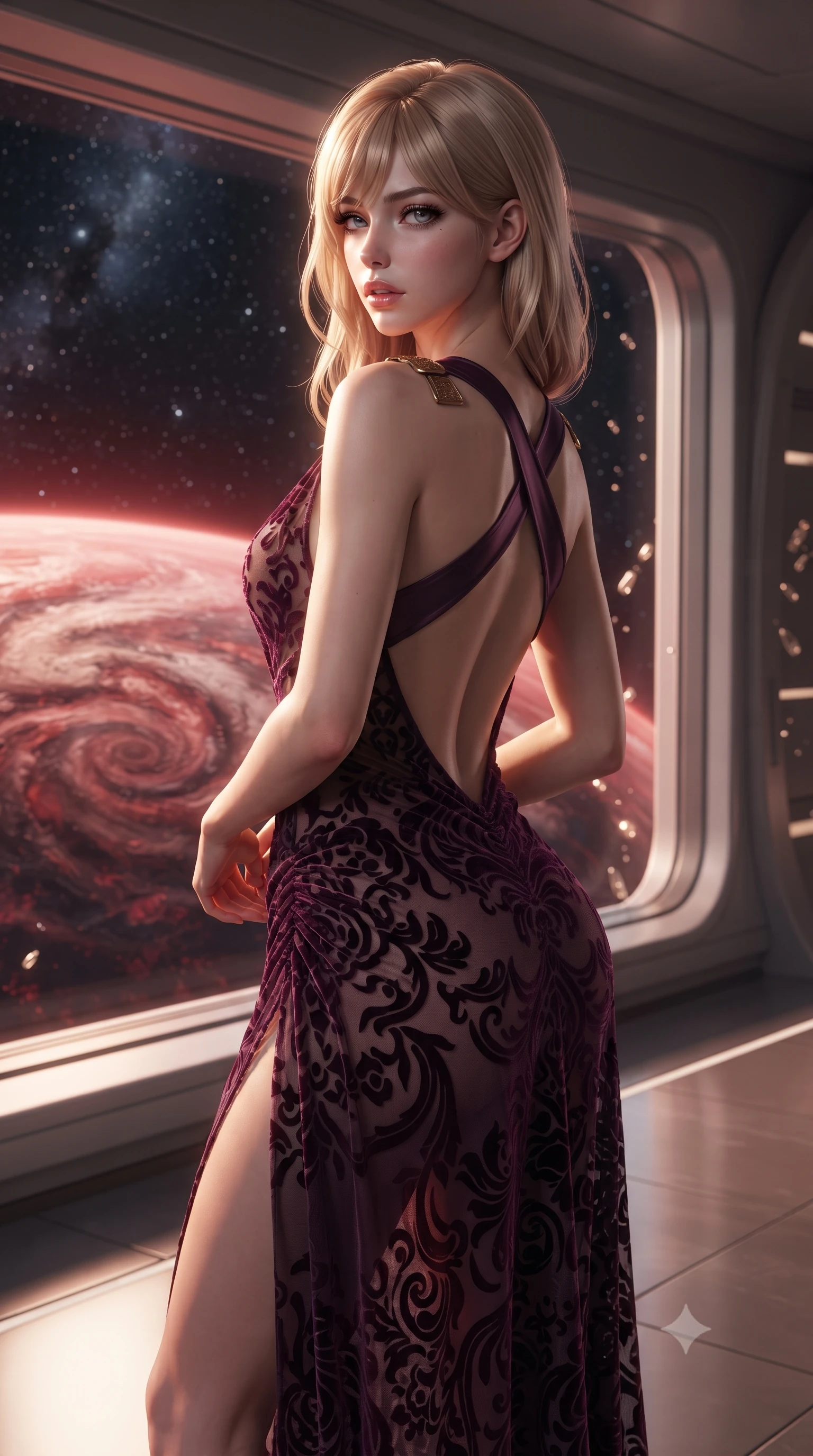 score_9, masterpiece, best quality, ultra-detailed, high-budget anime keyframe, editorial fashion photography, tasteful artistic composition, Japanese woman. close-up cowboy shot from the waist and thighs up, the character dominates the composition, filling the frame with her large presence. twisting her slender torso in a deep contrapposto stance, hips dramatically shifted to accentuate her feminine curves while looking past her shoulder with smoldering bedroom-eyes while standing poised on the high-orbit observation platform, turning in an elegant dancer S-curve as planetary storm light sculpts her willowy silhouette. The composition keeps background elements in soft focus with creamy bokeh. floating zero-gravity champagne droplets and sleek cruiser bulkhead ribs softened in glamorous sci-fi shallow focus. She has an exceptionally elegant, slender, and willowy female figure with an ultra-slim waist, flat toned midriff, narrow ribcage, and sculpted feminine hips creating an alluring, slim hourglass silhouette without bulk. sharp v-shaped jawline, high-bridge nose, intricate jewel-like eyes with depth, thick eyelashes, glossy parted lips with a natural sheen, intensely captivating and seductive bedroom-eyes expression, flawlessly proportioned anatomical accuracy, strict slender model proportions, natural body alignment, perfectly sculpted long slender limbs, ultra-slim waistline, clean dynamic posture without body distortion. wearing a high-slit Grecian goddess draped gown with asymmetrical gold shoulder clasps and hip gathering in deep plum violet and antique bronze, made of sheer contouring power-mesh with velvet flocking patterns, finished with criss-cross back satin straps highlighting her graceful shoulder blades, the dramatically scooped open back descending to the base of her spine, accentuating her razor-sharp statuesque lines and slim hourglass silhouette. bathed in dramatic warm crimson and copper planetary storm glow contrasting with cool cosmic starlight ambient fill. ultra-reflective glossy finish, specular highlights, rich textural contrasts, high-contrast stereoscopic depth, volumetric dynamic lighting, 2k, ultra detail, master piece, 9:16 ratio