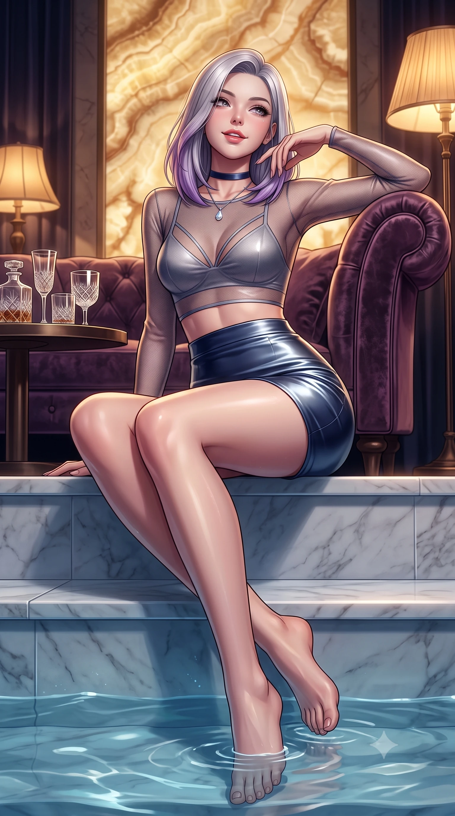 score_9, masterpiece, best quality, ultra-detailed, high-budget anime keyframe, semi-realistic 3D game render, editorial fashion photography, tasteful artistic composition, Caucasian woman. low angle full-body shot from head to toe showing her feet, filling the entire 9:16 vertical frame with her statuesque presence, stretching her vertical silhouette. sitting poised on the marble pool stairs with water lapping at her thighs, arching her spine with supermodel elegance as she glances upward through thick eyelashes while reclining on the plush velvet lounge chair with one arm draped over the backrest, flashing a playful, coquettish smile with glossy parted lips. The surrounding environment is rendered in vivid detail and crisp panoramic clarity: sharp crushed velvet pile texture, backlit onyx stone pattern, and cut-crystal glassware facet clarity in deep focus. She has an absolutely perfect, statuesque 8.5-heads proportion, an exceptionally tall and slender model-like female figure with impossibly long slender legs, an ultra-slim waist, a flat toned midriff, narrow delicate ribcage, and beautifully sculpted feminine hips creating a graceful, slim hourglass silhouette without any bulky heaviness. sharp v-shaped jawline, high-bridge nose, sparkling eyes with hypnotic seductive depth, thick curled eyelashes, glossy parted lips with a natural dewy peach sheen, alluring bedroom-eyes with an enchanting coquettish smile, exuding magnetic siren charisma and sophisticated high-fashion glamour, flawlessly proportioned anatomical accuracy, strict slender model proportions, natural body alignment, perfectly sculpted long slender limbs, ultra-slim waistline, clean dynamic posture without body distortion. wearing a sheer mesh long-sleeve crop top over an opaque strappy micro-bralette and a sleek leatherette mini skirt in molten liquid silver and deep sapphire navy, crafted from fluid liquid silk satin that clings smoothly to every curve with a dewy sheen, finished with a thin velvet ribbon choker and a single teardrop diamond pendant, the second-skin tailored fabric adhering flawlessly to her sculpted flat midriff and slender torso, emphasizing her long leg lines and perfectly proportioned willowy build. bathed in moody amber chiaroscuro lighting spilling softly from vintage shaded table lamps. highly saturated vibrant anime colors, detailed shading with soft gradients, rich glossy textures, high-contrast stereoscopic depth, volumetric dynamic lighting, master piece, 9:16 ratio