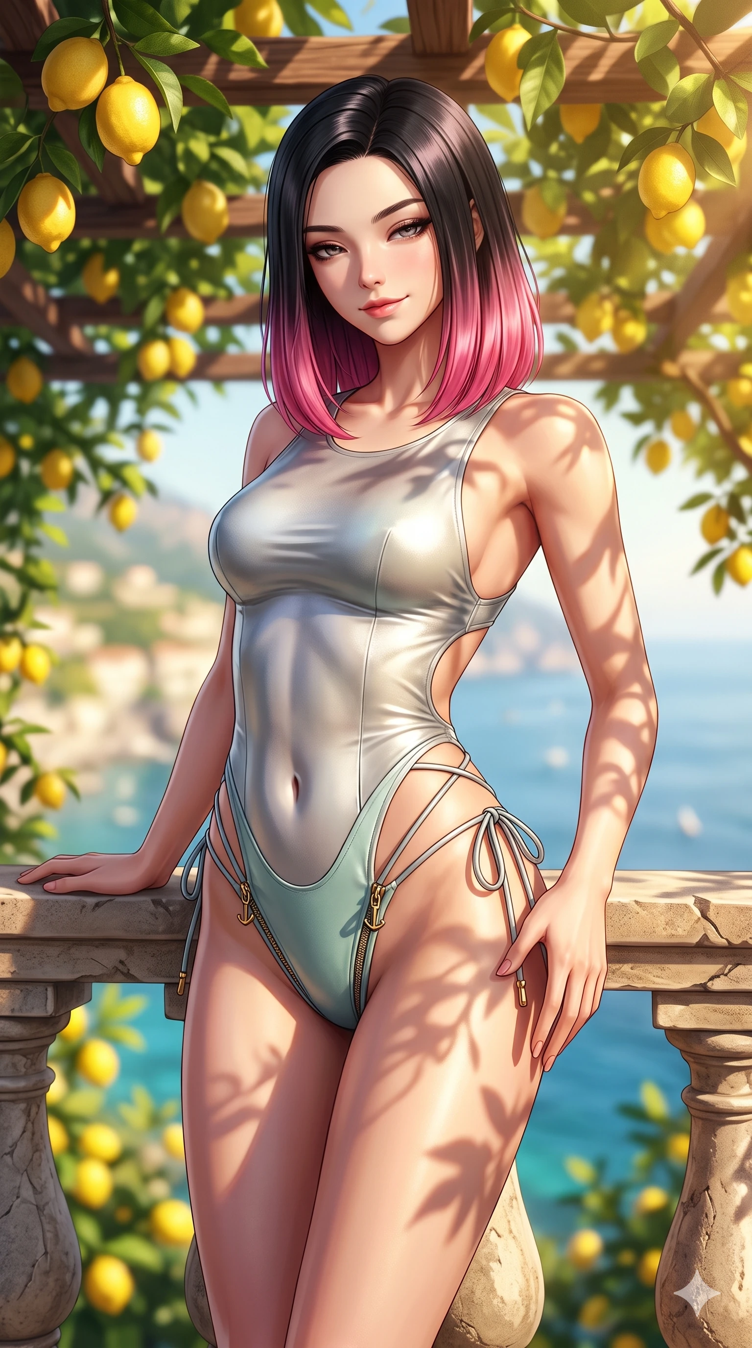 score_9, masterpiece, best quality, ultra-detailed, high-budget anime keyframe, semi-realistic 3D game render, editorial fashion photography, tasteful artistic composition, Korean woman. close-up cowboy shot from the waist and thighs up, the character dominates the composition, filling the frame with her large presence. tilting her head with a teasing half-smile, running one hand slowly down the side of her hip in a flirtatious S-curve as ambient light caresses her silhouette while leaning back against the carved stone balustrade with relaxed seductive grace, head tilted back slightly while casting a hypnotic, heavy-lidded gaze. The background shows a soft-focus hanging yellow Amalfi lemons, rustic chestnut pergolas, and the glittering Gulf of Salerno hundreds of feet below blurred into lemon, leaf-green, and sapphire bokeh. She has an exceptionally elegant, slender, and willowy female figure with an ultra-slim waist, flat toned midriff, narrow ribcage, and sculpted feminine hips creating an alluring, slim hourglass silhouette without bulk. sharp v-shaped jawline, high-bridge nose, sparkling eyes with hypnotic seductive depth, thick curled eyelashes, glossy parted lips with a natural dewy peach sheen, alluring bedroom-eyes with an enchanting coquettish smile, exuding magnetic siren charisma and sophisticated glamour, flawlessly proportioned anatomical accuracy, strict slender model proportions, natural body alignment, perfectly sculpted long slender limbs, ultra-slim waistline, clean dynamic posture without body distortion. wearing a low-slung cutaway leather bikini bodysuit with bare hip flanks and criss-cross cord ties in shimmering silver mercury and sunlit seafoam pearl, woven from buttery-soft stretch lambskin leather adhering to her body like a second skin, finished with sleek heavy-duty brass anchor zip pulls and nautical hardware, the form-contouring cut accentuating her sculpted flat midriff, narrow delicate ribcage, and gracefully curvy hips with intoxicating allure. bathed in warm 2900K afternoon sunbeams filtering through dense green lemon foliage creating intricate organic shadow patterns. highly saturated vibrant anime colors, detailed shading with soft gradients, rich glossy textures, high-contrast stereoscopic depth, volumetric dynamic lighting, master piece, 9:16 ratio