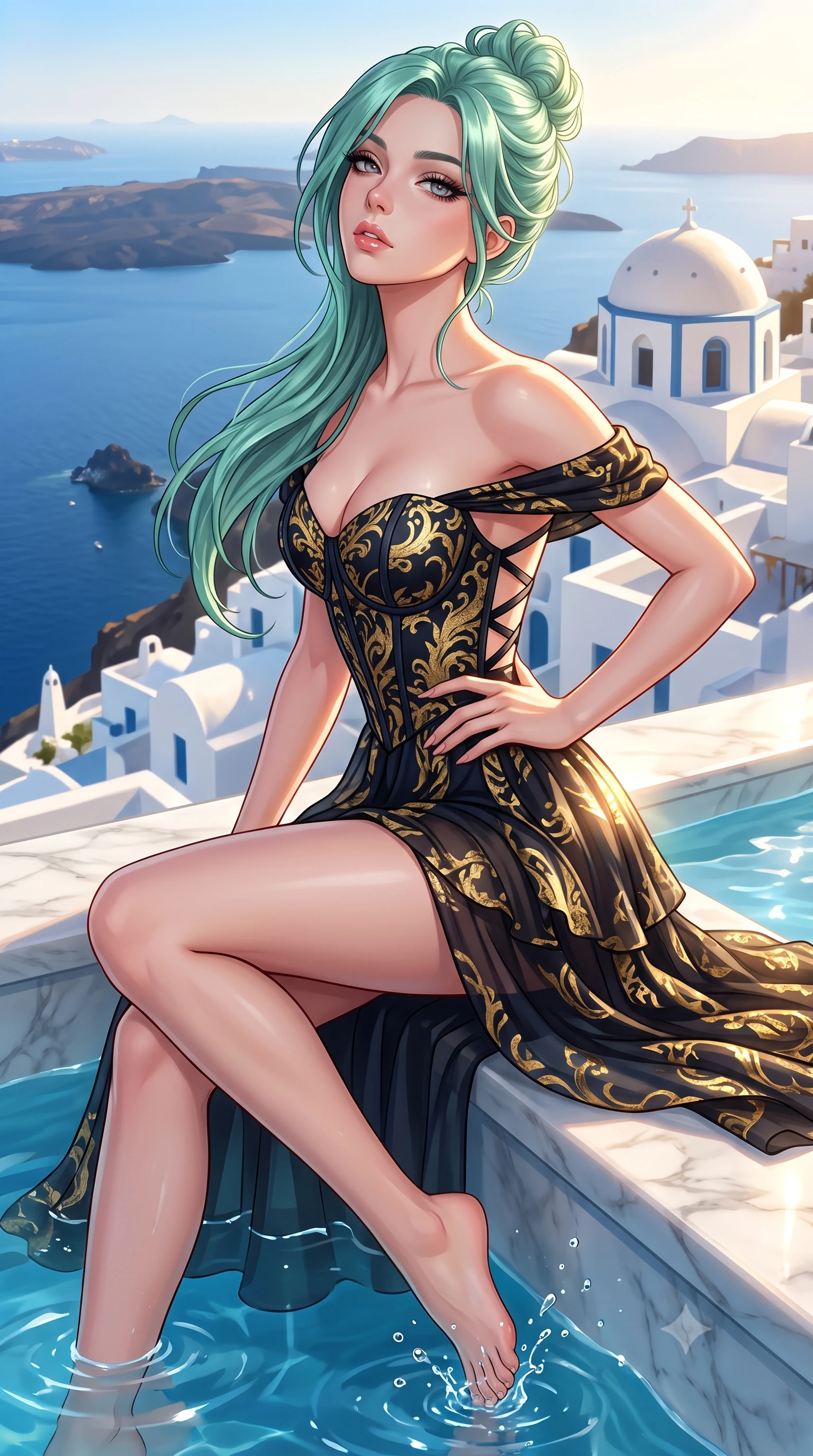 score_9, masterpiece, best quality, ultra-detailed, high-budget anime keyframe, semi-realistic 3D game render, editorial fashion photography, tasteful artistic composition, Japanese woman. close-up cowboy shot from the waist and thighs up, the character dominates the composition, filling the frame with her large presence. tilting her chin up with proud, sovereign allure while gazing through thick eyelashes, one hand resting on her waist in pure supermodel charisma while perching on the rim of a private cliffside heated plunge pool, dipping water droplets with her toes as her curvy hips catch the golden rays. The surrounding environment is rendered in vivid detail and crisp panoramic clarity. breathtaking high-key Greek island chiaroscuro and luxurious caldera retreat aesthetics in precision. She has an exceptionally elegant, slender, and willowy female figure with an ultra-slim waist, flat toned midriff, narrow ribcage, and sculpted feminine hips creating an alluring, slim hourglass silhouette without bulk. sharp v-shaped jawline, high-bridge nose, intricate jewel-like eyes with depth, thick eyelashes, glossy parted lips with a natural sheen, intensely captivating and seductive bedroom-eyes expression, flawlessly proportioned anatomical accuracy, strict slender model proportions, natural body alignment, perfectly sculpted long slender limbs, ultra-slim waistline, clean dynamic posture without body distortion. wearing an off-shoulder French court corset bodice dress paired with a tiered translucent chiffon slit skirt in midnight obsidian black and liquid gold, tailored from liquid silk jersey adhering flawlessly to her slender build, finished with criss-cross back satin straps highlighting her graceful shoulder blades, the precision-cut side openings and low-back scoop framing her graceful spine and the sensual sweep of her slim, toned hips. surrounded by an idyllic, sun-drenched, and breathlessly romantic Aegean goddess aura. highly saturated vibrant anime colors, detailed shading with soft gradients, rich glossy textures, high-contrast stereoscopic depth, volumetric dynamic lighting, master piece, 9:16 ratio
