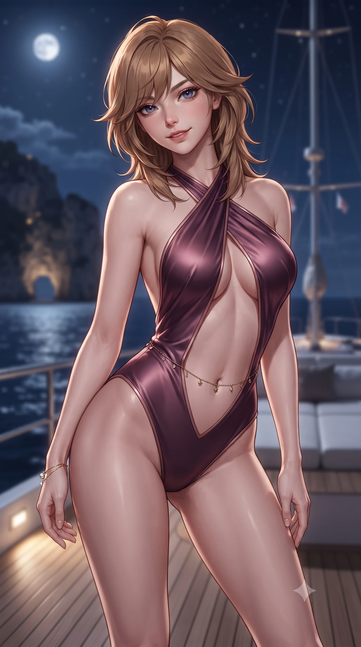 score_9, masterpiece, best quality, ultra-detailed, high-budget anime keyframe, editorial fashion photography, tasteful artistic composition, Korean woman. close-up cowboy shot from the waist and thighs up, the character dominates the composition, filling the frame with her large presence. tilting her head with a teasing half-smile, running one hand slowly down the side of her hip in a flirtatious S-curve as ambient light caresses her silhouette while twisting her slender torso in an alluring contrapposto stance, warm Mediterranean breezes molding her silk attire to her curvy hips and flat midriff. The background shows a soft-focus illuminated limestone cliffs of Capri across dark open waters, cruising yacht masthead lights, and starry night sky blurred into champagne, sapphire, and starlight bokeh. She has an exceptionally elegant, slender, and willowy female figure with an ultra-slim waist, flat toned midriff, narrow ribcage, and sculpted feminine hips creating an alluring, slim hourglass silhouette without bulk. sharp v-shaped jawline, high-bridge nose, sparkling eyes with hypnotic seductive depth, thick curled eyelashes, glossy parted lips with a natural dewy peach sheen, alluring bedroom-eyes with an enchanting coquettish smile, exuding magnetic siren charisma and sophisticated glamour, flawlessly proportioned anatomical accuracy, strict slender model proportions, natural body alignment, perfectly sculpted long slender limbs, ultra-slim waistline, clean dynamic posture without body distortion. wearing a criss-cross halterneck keyhole bodysuit with open back and sculpted waist darts in deep plum violet and rose gold, crafted from fluid liquid silk satin that clings smoothly to every curve with a dewy sheen, accented with a dainty gold belly chain resting across her flat midriff and curving hips, the second-skin tailored fabric adhering flawlessly to her sculpted flat midriff and slender torso, emphasizing her long leg lines and perfectly proportioned willowy build. bathed in subtle warm teak deck courtesy LEDs combined with pure silver full moonlight reflecting off open water. ultra-reflective glossy finish, specular highlights, rich textural contrasts, high-contrast stereoscopic depth, volumetric dynamic lighting, 2k, ultra detail, master piece, 9:16 ratio