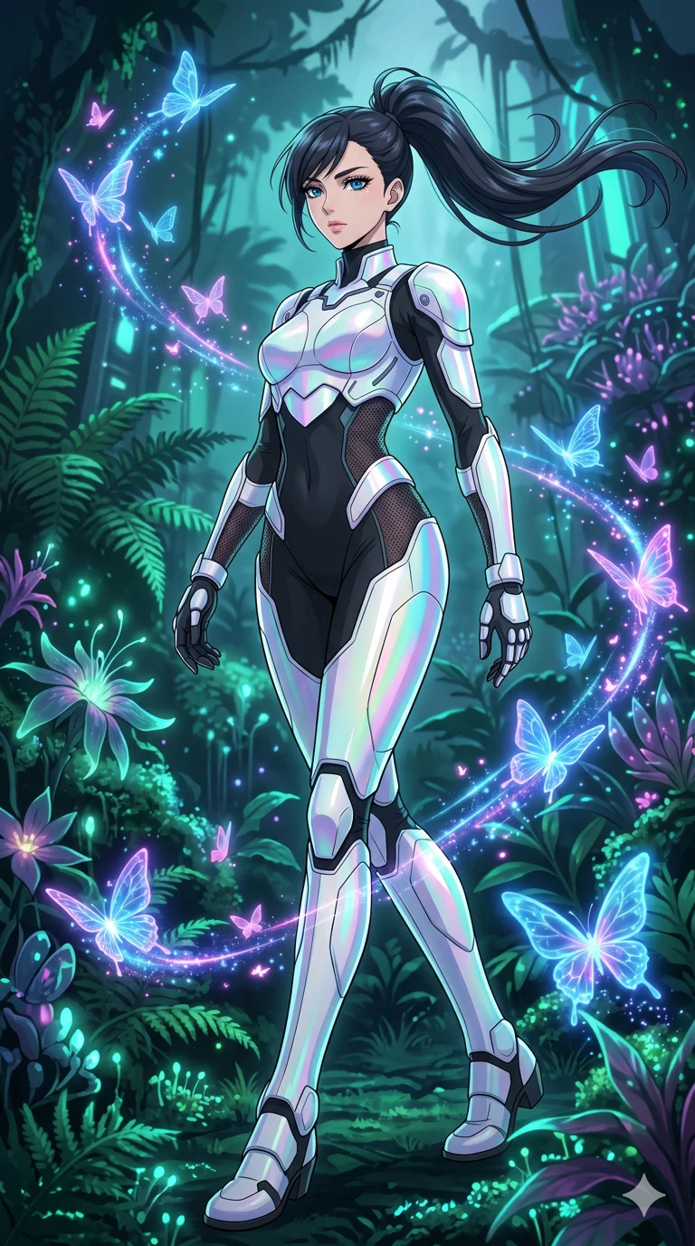 score_9, masterpiece, best quality, ultra-detailed, High-budget Anime Keyframe, vibrant colors, fluid line-art, expressive lighting, cinematic composition, Ufotable-style visual effects, top-tier animation quality, Japanese woman with delicate and elegant anime-inspired features. Dynamic full-body shot stretching the vertical silhouette, capturing her from a powerful low-angle perspective. Surrounded by a swarm of digital butterflies that leave trails of neon dust. She has an absolutely perfect 8-heads proportion, an exceptionally tall and slender female figure with impossibly long slender legs and an ultra-slim waist, her statuesque height and towering silhouette dominating the vertical 9:16 frame. Her face is a masterpiece featuring a sharp v-shaped jawline, high-bridge nose, intricate jewel-like eyes with depth, thick eyelashes, and glossy lips with a natural sheen. She is wearing a White chrome-plated armor plating over a black plugsuit, featuring holographic fabric that shifts colors based on light and peek-a-boo mesh.. The scene is set in a bioluminescent jungle where every leaf and flower glows with a unique frequency. 2k, ultra detail, master piece, 9:16 ratio