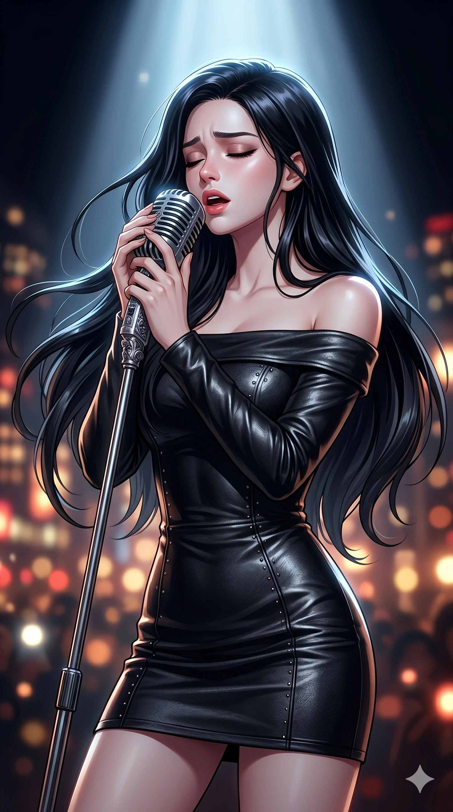 score_9, score_8_up, score_7_up, source_anime, masterpiece, best quality, ultra-detailed, same character with long flowing black hair, wearing the same outfit of black off-the-shoulder leather mini dress, upper body close-up from thigh up, holding a silver microphone and singing with an emotional expression, intense dramatic spotlight from above, bokeh lights in background, filling the screen, 2k, 9:16 ratio