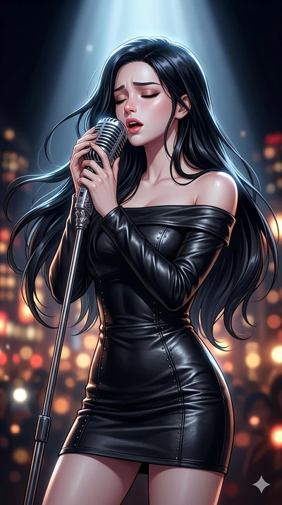 score_9, score_8_up, score_7_up, source_anime, masterpiece, best quality, ultra-detailed, same character with long flowing black hair, wearing the same outfit of black off-the-shoulder leather mini dress, upper body close-up from thigh up, holding a 