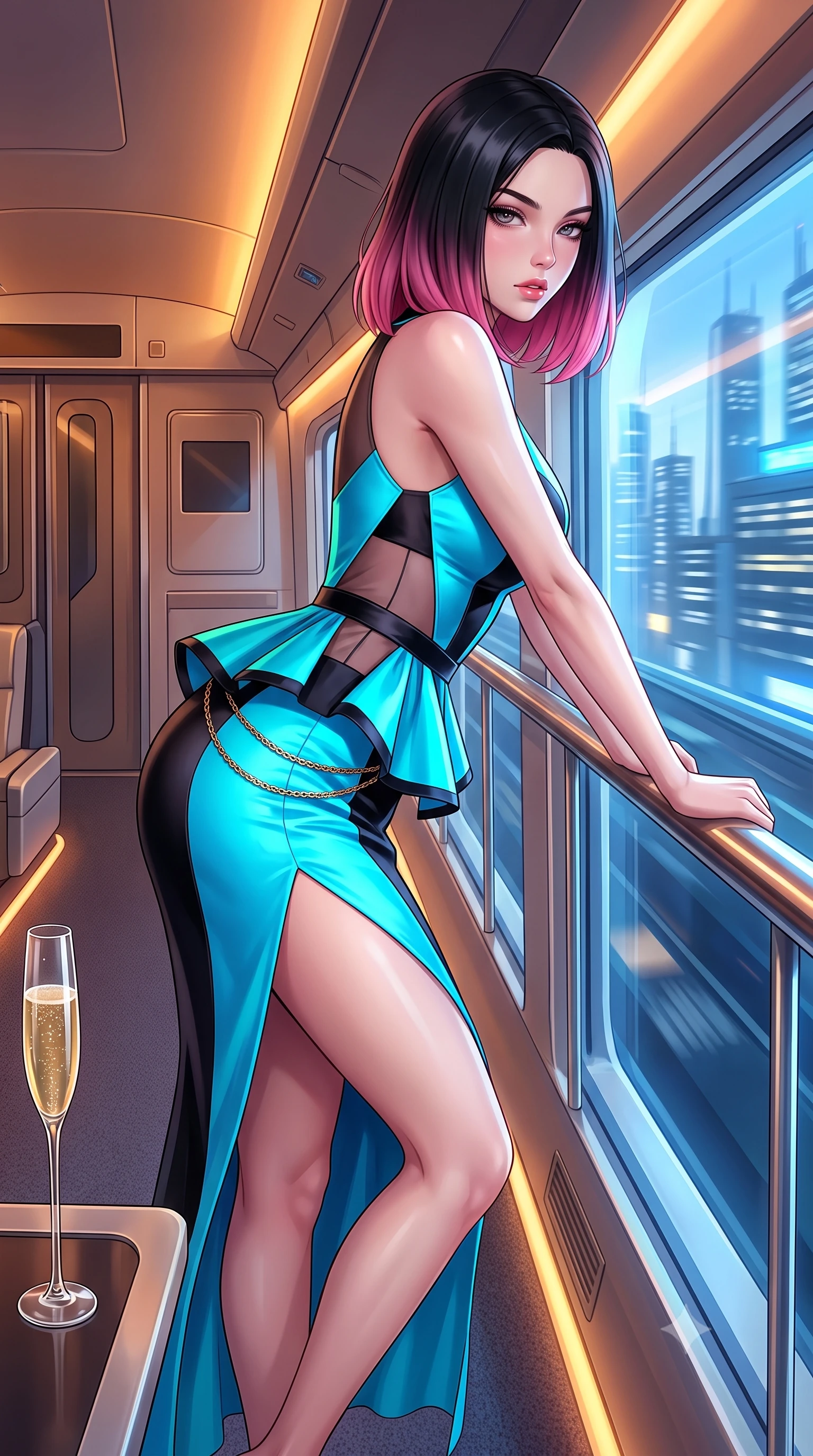 score_9, masterpiece, best quality, ultra-detailed, high-budget anime keyframe, semi-realistic 3D game render, editorial fashion photography, tasteful artistic composition, Korean woman. close-up cowboy shot from the waist and thighs up, the character dominates the composition, filling the frame with her large presence. leaning forward against the polished railing with her hips cocked back, creating an intoxicating curve from her narrow waist to sculpted hips as she gazes back into the lens while striding down the carpeted maglev aisle with sovereign poise, her tailored high-slit dress fluttering to reveal her long legs. The surrounding environment is rendered in vivid detail and crisp panoramic clarity. detailed fabric tailoring, champagne glass bubbles, and futuristic cityscape speed blur in high clarity. She has an exceptionally elegant, slender, and willowy female figure with an ultra-slim waist, flat toned midriff, narrow ribcage, and sculpted feminine hips creating an alluring, slim hourglass silhouette without bulk. sharp v-shaped jawline, high-bridge nose, intricate jewel-like eyes with depth, thick eyelashes, glossy parted lips with a natural sheen, intensely captivating and seductive bedroom-eyes expression, flawlessly proportioned anatomical accuracy, strict slender model proportions, natural body alignment, perfectly sculpted long slender limbs, ultra-slim waistline, clean dynamic posture without body distortion. wearing a structural geometric peplum gown with sheer side-ribbon cutouts and form-fitting skirt in neon electric cyan and lacquer black, tailored from ultra-smooth duchess satin with a pearlescent sheen, accented with a delicate gold chain belt resting loosely on her curvy hips, the liquid-tight tailored fabric clinging flawlessly to her narrow waist and rounded feminine hips, emphasizing every millimeter of her sculpted slim hourglass curves without any bulky heaviness. bathed in warm amber cabin cove lighting and cool blue exterior cityscape light sweeps. highly saturated vibrant anime colors, detailed shading with soft gradients, rich glossy textures, high-contrast stereoscopic depth, volumetric dynamic lighting, master piece, 9:16 ratio