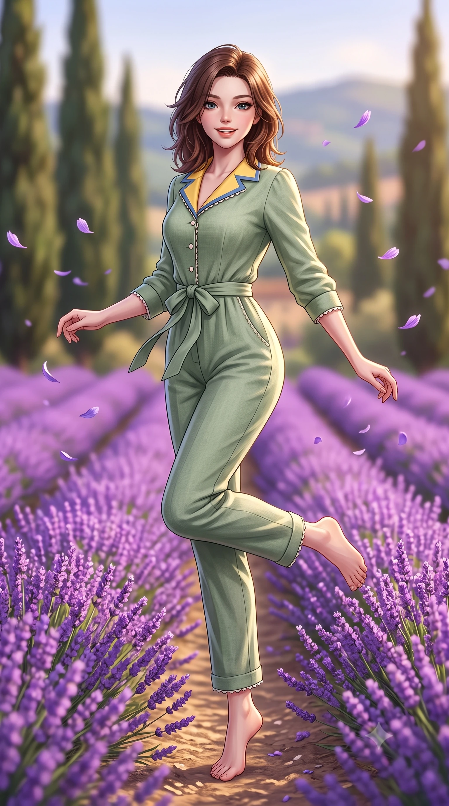 score_9, masterpiece, best quality, ultra-detailed, high-budget anime keyframe, semi-realistic 3D game render, editorial fashion photography, tasteful artistic composition, Korean woman. low angle full-body shot from head to toe showing her feet, filling the entire 9:16 vertical frame with her statuesque presence, stretching her vertical silhouette. standing poised on one leg with a playful hop and joyful expression, her long legs and slender figure highlighted against the landscape while twirling cheerfully between vibrant purple lavender ridges as delicate violet petals flutter in the air. The composition keeps background elements in soft focus with creamy bokeh. tall cypress trees and distant Provençal hills softened by warm atmospheric depth of field. She has an absolutely perfect, statuesque 8.5-heads proportion, an exceptionally tall and slender model-like female figure with impossibly long slender legs, a toned flat midriff, and an ultra-slim waist. sharp v-shaped jawline, high-bridge nose, intricate jewel-like eyes with depth, thick eyelashes, glossy lips with a natural sheen, pure and lovely fresh girlhood expression, flawlessly proportioned anatomical accuracy, strict slender model proportions, natural body alignment, perfectly sculpted long slender limbs, ultra-slim waistline, clean dynamic posture without body distortion. wearing a relaxed sage green linen jumpsuit with a tied waist sash and folded collar in sunny daffodil yellow and french blue, tailored from soft pastel lightweight wool blend with subtle texture, finished with delicate scallop trims and tiny pearl buttons, the tailored casual silhouette highlighting her fresh and youthful presence and perfectly proportioned slender frame. surrounded by a romantic, sweet, and wonderfully heartwarming cottagecore girlhood aura. highly saturated vibrant anime colors, detailed shading with soft gradients, rich glossy textures, high-contrast stereoscopic depth, volumetric dynamic lighting, master piece, 9:16 ratio