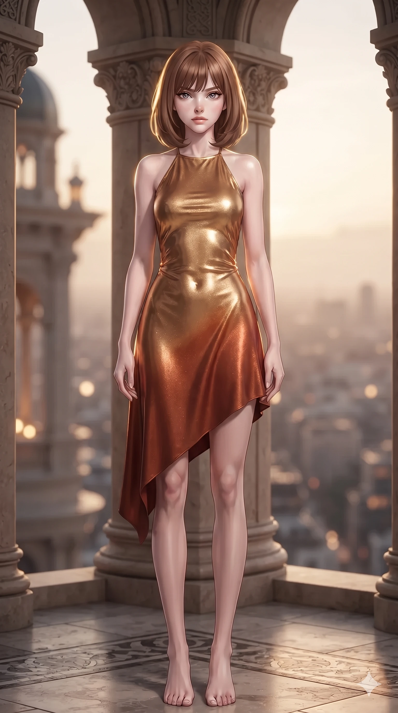 score_9, masterpiece, best quality, ultra-detailed, high-budget anime keyframe, editorial fashion photography, tasteful artistic composition, Caucasian woman. low angle full-body shot from head to toe showing her feet, filling the entire 9:16 vertical frame with her statuesque presence, stretching her vertical silhouette. standing tall beside the architectural column, one hand resting high while arching her lower back to emphasize her sculpted feminine hips and slender waist while twisting her slender torso in an alluring S-curve, cool mountain winds molding her gown against her flat midriff and curvy hips. The composition keeps background elements in soft focus with creamy bokeh: windswept alpine highland air softened in high turret balcony shallow focus. She has an exceptionally tall and slender model-like 8.5-heads proportion, an ultra-slim waist, a flat toned midriff, narrow delicate ribcage, and beautifully sculpted feminine hips creating a graceful, slim hourglass silhouette without any bulky heaviness, with impossibly long slender legs. sharp v-shaped jawline, high-bridge nose, intricate jewel-like eyes with depth, thick eyelashes, glossy parted lips with a natural sheen, intensely captivating and seductive bedroom-eyes expression, flawlessly proportioned anatomical accuracy, strict slender model proportions, natural body alignment, perfectly sculpted long slender limbs, ultra-slim waistline, clean dynamic posture without body distortion. wearing an alluring backless metallic lamé halterneck mini dress with scoop back to the lower spine and thigh-high slit in molten desert gold and burnt terracotta, tailored from water-resistant treated wool gabardine and flexible stretch silk, finished with sleek magnetic buckle closures fluttering in the breeze, the liquid-tight tailored fabric clinging flawlessly to her narrow waist and rounded feminine hips, emphasizing every millimeter of her sculpted slim hourglass curves without any bulky heaviness. sharp directional rim lights sculpting her sculpted collarbones, ultra-slim waist, and curvy hips. ultra-reflective glossy finish, specular highlights, rich textural contrasts, high-contrast stereoscopic depth, volumetric dynamic lighting, 2k, ultra detail, master piece, 9:16 ratio