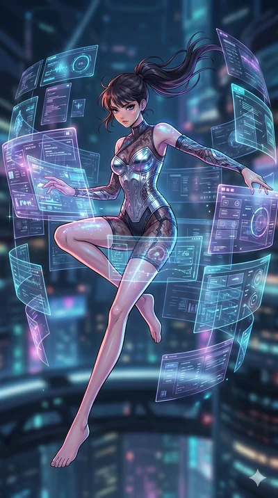 score_9, masterpiece, best quality, ultra-detailed, high-budget anime movie keyframe, cinematic anime lighting, intricate line art, Korean woman. Mid-air action shot capturing a graceful twist and vertical silhouette. operating a holographic console 
