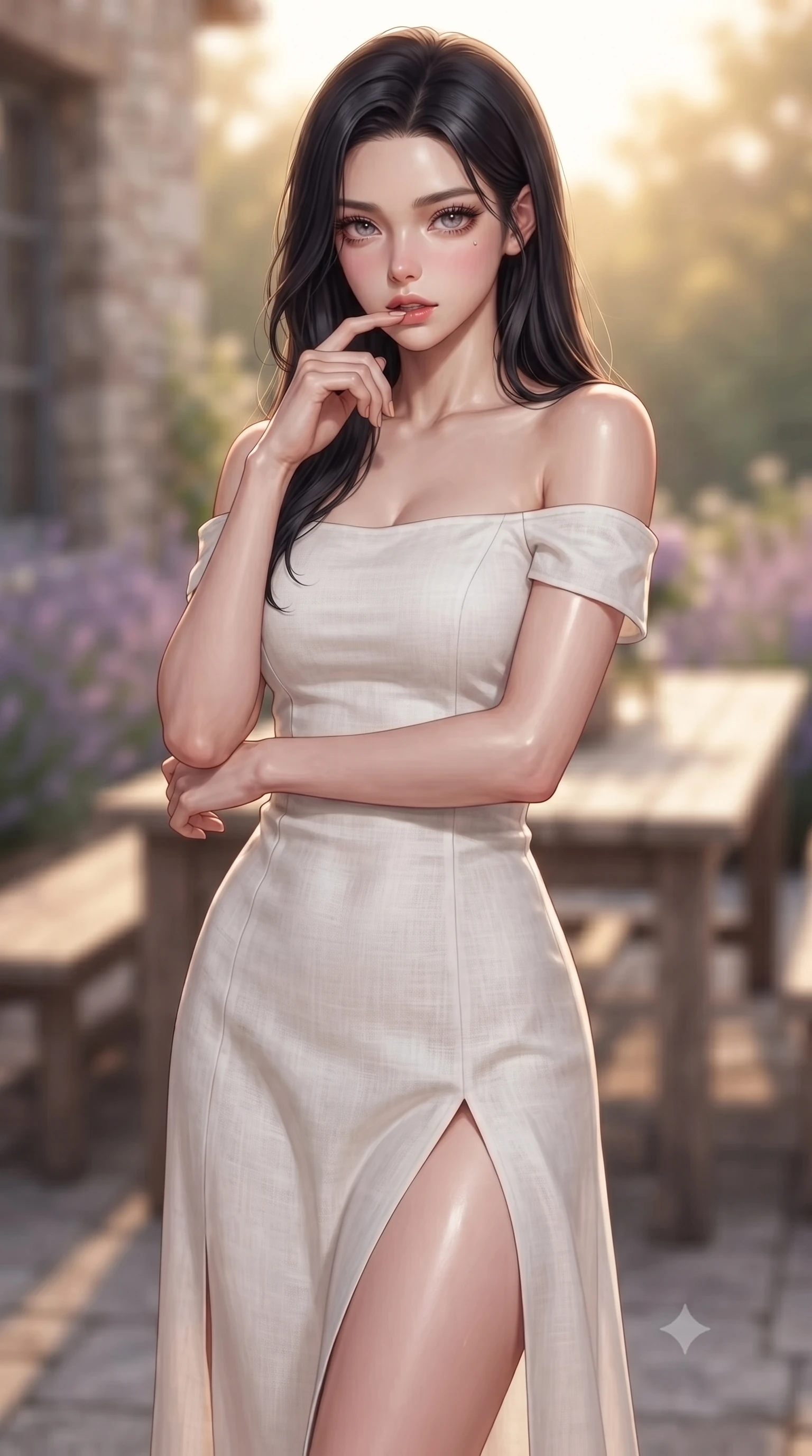 score_9, masterpiece, best quality, ultra-detailed, high-budget anime keyframe, editorial fashion photography, tasteful artistic composition, Korean woman woman. close-up cowboy shot from the waist and thighs up, the character dominates the composition, filling the frame with her large presence, background elements kept in soft focus. pressing one finger to her bottom lip in a thoughtful, seductive gesture under the warm sun the background shows a soft-focus a lavender-lined stone patio of a private country house, with a rustic wooden table. She has an exceptionally elegant, slender, and willowy female figure with an ultra-slim waist, a gracefully sculpted slender torso, and a refined silhouette. sharp v-shaped jawline, high-bridge nose, intricate jewel-like eyes with depth, thick eyelashes, glossy lips with a natural sheen. wearing a tailored off-shoulder white linen summer dress featuring a high side slit ascending to mid-thigh. soft golden afternoon sunbeams, casting a peaceful country glow. ultra-reflective glossy finish, specular highlights, metallic sheen, high-contrast stereoscopic depth, volumetric dynamic lighting, 2k, ultra detail, master piece, 9:16 ratio