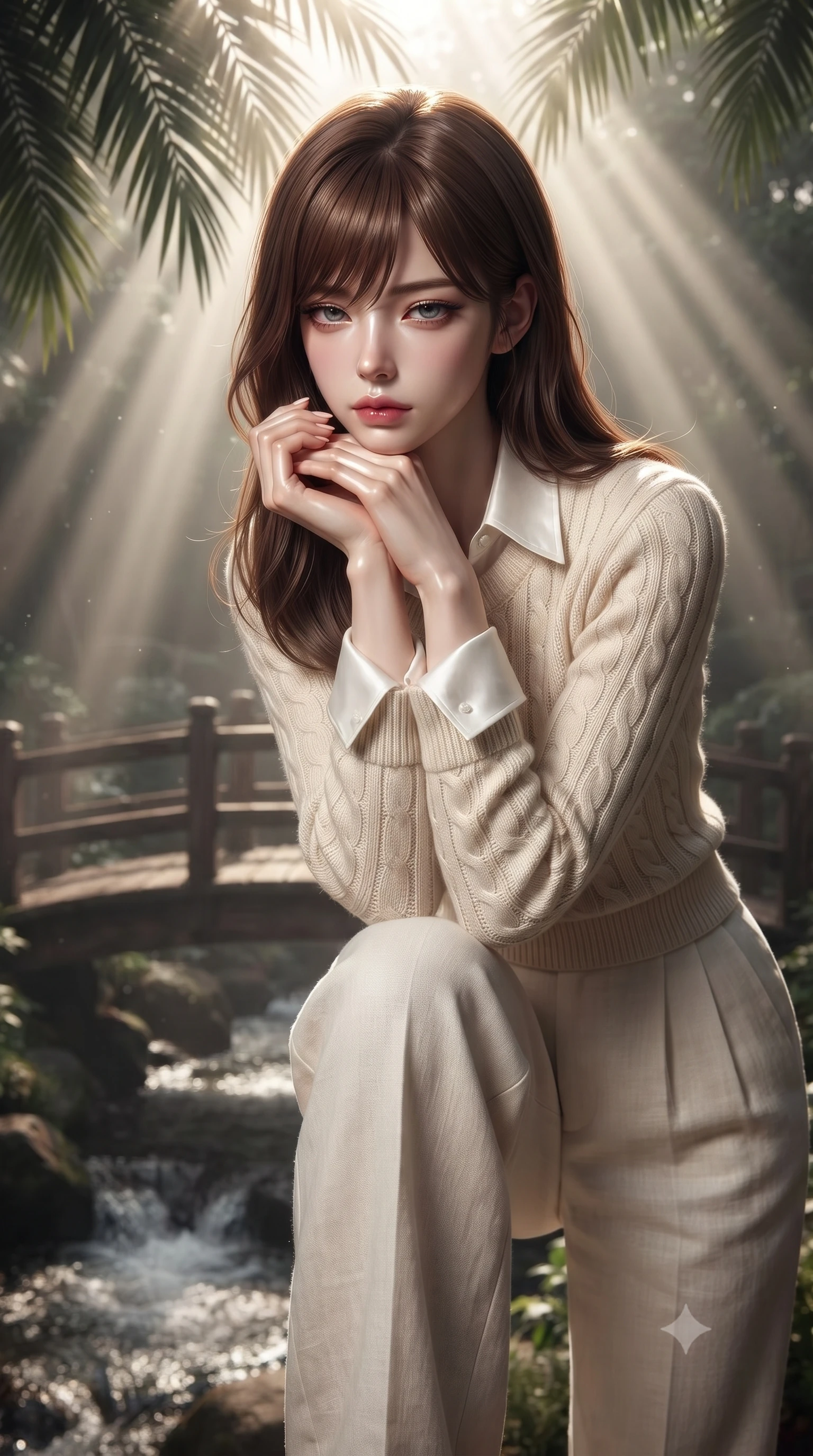 score_9, masterpiece, best quality, ultra-detailed, high-budget anime keyframe, editorial fashion photography, tasteful artistic composition, Korean woman. close-up cowboy shot from the waist and thighs up, the character dominates the composition, filling the frame with her large presence, background elements kept in soft focus. resting her chin on the backs of her fingers, casting a heavy-lidded, sultry look past the camera the background shows a soft-focus a rustic wood bridge over a bubbling creek in a private estate garden. She has an exceptionally elegant, slender, and willowy female figure with an ultra-slim waist, a gracefully sculpted slender torso, and a refined silhouette. sharp v-shaped jawline, high-bridge nose, intricate jewel-like eyes with depth, thick eyelashes, glossy lips with a natural sheen. wearing a form-contouring comfortable cream knit sweater worn over a white silk button-down shirt and relaxed slacks. sun rays slicing through the tree fronds, creating dramatic volumetric shafts of light. ultra-reflective glossy finish, specular highlights, metallic sheen, high-contrast stereoscopic depth, volumetric dynamic lighting, 2k, ultra detail, master piece, 9:16 ratio