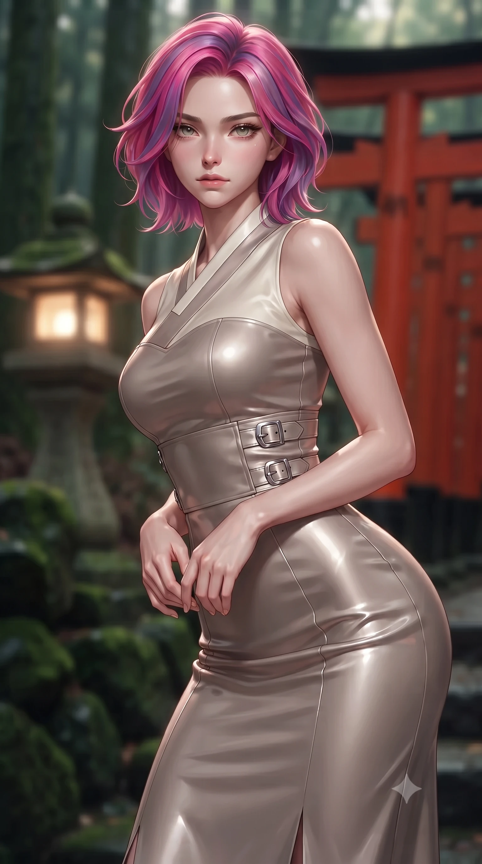 score_9, masterpiece, best quality, ultra-detailed, high-budget anime keyframe, editorial fashion photography, tasteful artistic composition, Caucasian woman. close-up cowboy shot from the waist and thighs up, the character dominates the composition, filling the frame with her large presence, background elements kept in soft focus. Leaning slightly forward with a composed, seductive gaze under soft glowing light standing near a sacred stone lantern glowing softly in a cedar grove at dawn, vivid red vermilion torii gates contrasting with deep green moss stone. She has an exceptionally elegant, slender, and willowy female figure with an ultra-slim waist, a gracefully sculpted slender torso, and a refined silhouette. sharp v-shaped jawline, high-bridge nose, intricate jewel-like eyes with depth, thick eyelashes, glossy lips with a natural sheen. wearing a modern fusion silk hanbok dress with a structured bodice in muted taupe and soft ivory, crafted from smooth liquid silk, detailed with polished silver buckles along the waistline, the form-contouring material highlighting her ultra-slim waist and long lines. surrounded by a tranquil, spiritual aura with rich red and green contrast. ultra-reflective glossy finish, specular highlights, metallic sheen, high-contrast stereoscopic depth, volumetric dynamic lighting, 2k, ultra detail, master piece, 9:16 ratio