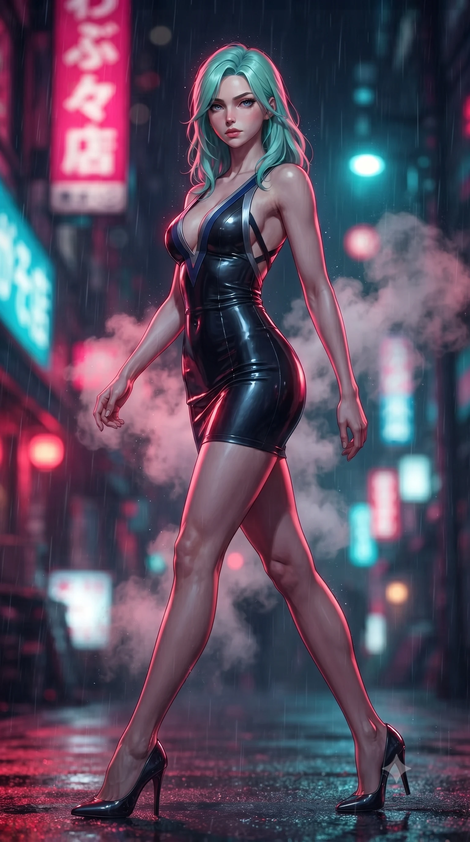 score_9, masterpiece, best quality, ultra-detailed, high-budget anime keyframe, editorial fashion photography, tasteful artistic composition, Japanese woman. low angle full-body shot from head to toe showing her feet, filling the entire 9:16 vertical frame with her statuesque presence, stretching her vertical silhouette. striding forward in a proud, statuesque motion with a dangerous smolder, hips swaying with fierce allure, dominating the frame from head to toe while arching her spine in a fluid motion as warm exhaust steam vents billow around her slender silhouette in the cold rain. The composition keeps background elements in soft focus with creamy bokeh. flickering neon sign kanji and rain streaks blurred into dazzling magenta, crimson, and cyan bokeh. She has an absolutely perfect, statuesque 8.5-heads proportion, an exceptionally tall and slender model-like female figure with impossibly long slender legs, a toned flat midriff, and an ultra-slim waist. sharp v-shaped jawline, high-bridge nose, intricate jewel-like eyes with depth, thick eyelashes, glossy lips with a natural sheen, flawlessly proportioned anatomical accuracy, strict slender model proportions, natural body alignment, perfectly sculpted long slender limbs, ultra-slim waistline, clean dynamic posture without body distortion. wearing a second-skin midnight black latex mini dress with a dramatic open-back design wrapping around her waist and a plunging neckline in midnight navy blue and shadowed silver trim, made of liquid metal jersey that clings flawlessly to every contour of her build, complemented by criss-cross back straps highlighting her completely bare spine, the sleek second-skin cut tightly hugging her graceful clavicle, narrow waist, and feminine curves with athletic precision. bathed in vivid high-contrast neon crimson and deep cyan ambient rim lighting. ultra-reflective glossy finish, specular highlights, dark metallic sheen, deep chiaroscuro contrast, volumetric dynamic shadow lighting, 2k, ultra detail, master piece, 9:16 ratio