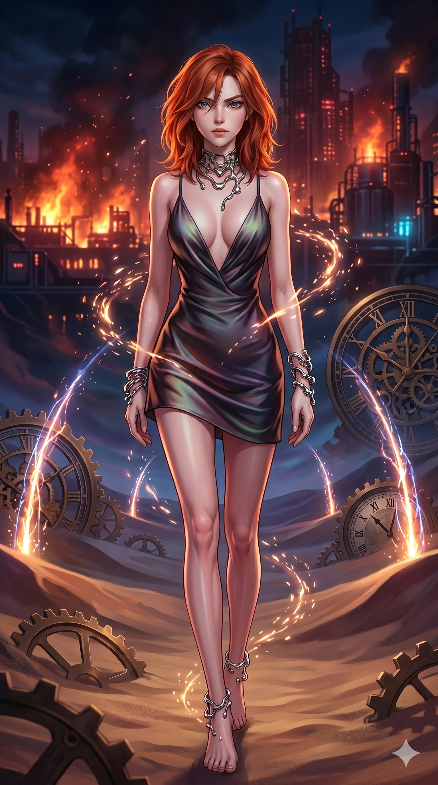 score_9, masterpiece, best quality, ultra-detailed, Set A: High-budget Anime Keyframe, Korean woman. Upper body close-up from the thighs up, character filling the screen for maximum presence. Walking gracefully through a clockwork desert, with a look of intense determination reflecting the fires of 247 and surrounded by glowing energy sparks. She has an absolutely perfect 8-heads proportion, an exceptionally tall and slender female figure with impossibly long slender legs and an ultra-slim waist. Sharp v-shaped jawline, high-bridge nose, intricate jewel-like eyes with depth, thick eyelashes, glossy lips with a natural sheen. Wearing Elegant silk slip dress with a dangerously low neckline and molten mercury accessories. Cinematic lighting, vibrant colors, dramatic shadows, 2k, ultra detail, master piece, 9:16 ratio