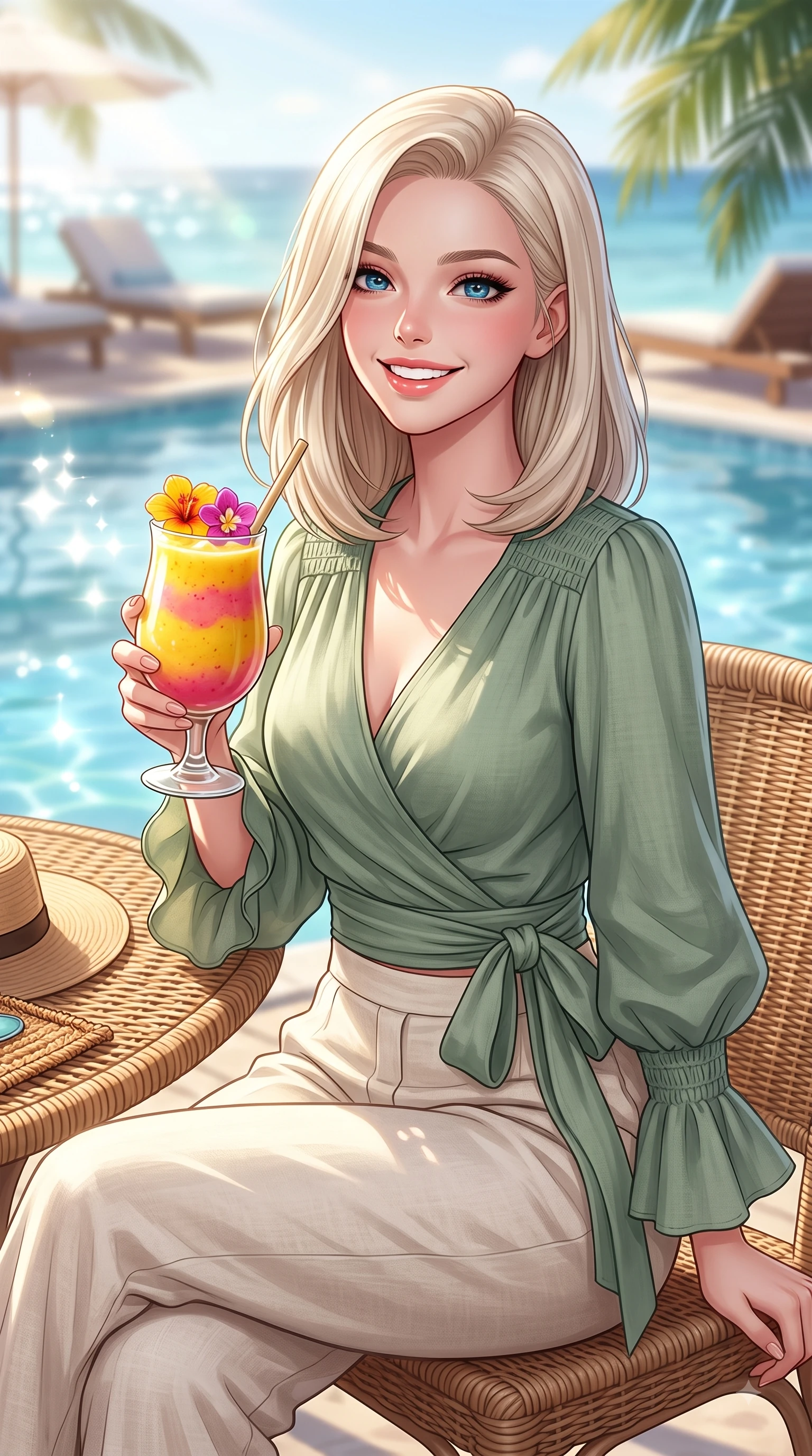 score_9, masterpiece, best quality, ultra-detailed, high-budget anime keyframe, editorial fashion photography, tasteful artistic composition, Caucasian woman. close-up cowboy shot from the waist and thighs up, the character dominates the composition, filling the frame with her large presence. Tilting her chin up with a sweet beaming smile of pure delight while balancing dynamically amidst the scene while sitting at a sun-drenched wicker poolside table enjoying a colorful tropical fruit smoothie. The composition keeps background elements in soft focus with dreamy bokeh. sun-drenched pool reflections and ocean views blurred into a soft, relaxing backdrop. She has an exceptionally elegant, slender, and willowy female figure with an ultra-slim waist, a gracefully sculpted slender torso, and a refined silhouette. sharp v-shaped jawline, high-bridge nose, intricate jewel-like eyes with depth, thick eyelashes, glossy lips with a natural sheen, flawlessly proportioned anatomical accuracy, natural body alignment, perfectly sculpted elegant limbs, clean dynamic posture without body distortion. wearing an elegant sage green wrap blouse with wide-leg cream linen trousers in warm coral pink and champagne ivory, crafted from soft breathable linen, accented with soft smocked details and fluttery cuffs, the soft airy drape swaying gracefully with her dynamic movements. bathed in bright tropical sunshine and glittering pool water refractions. highly saturated vibrant anime colors, detailed shading with soft gradients, rich glossy textures, high-contrast stereoscopic depth, volumetric dynamic lighting, master piece, 9:16 ratio