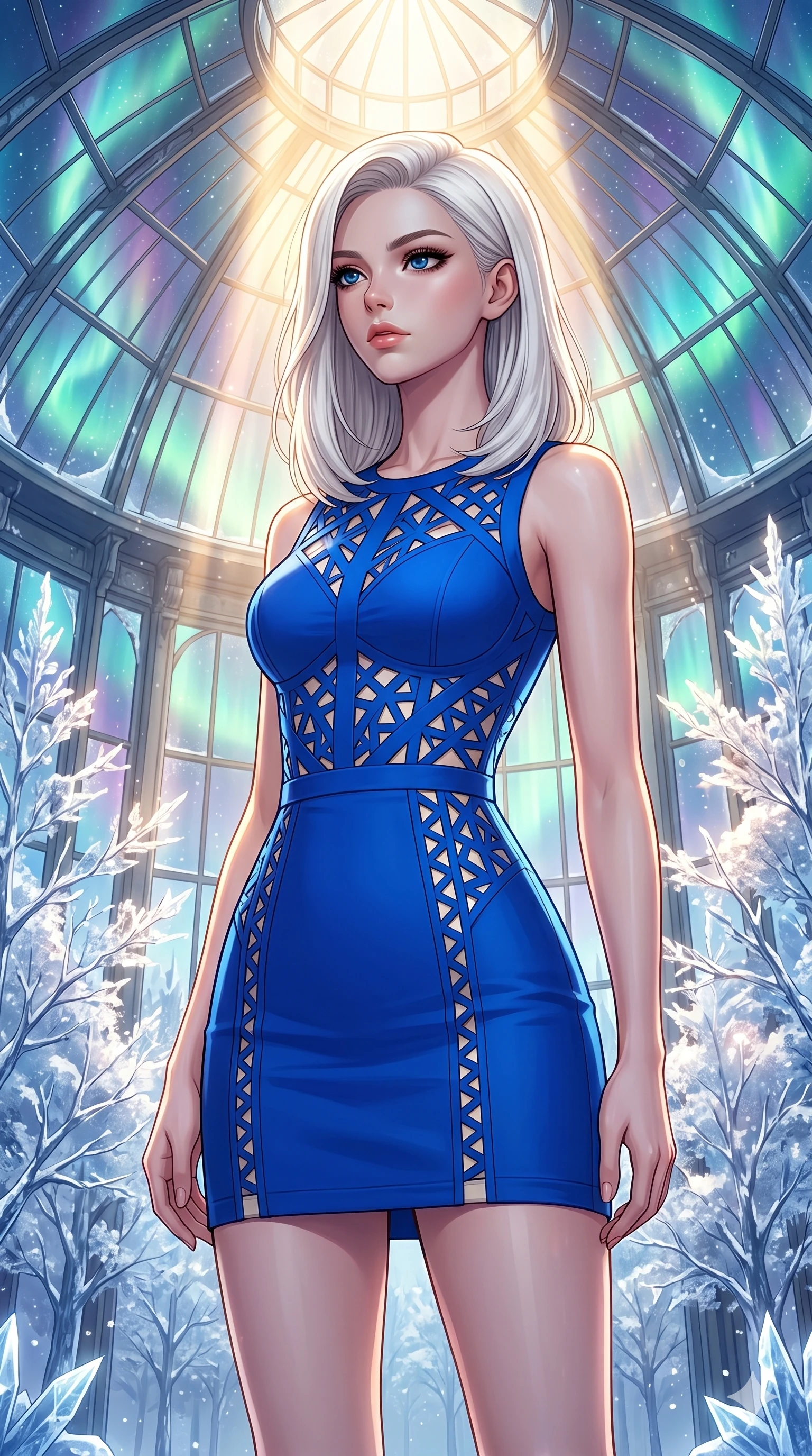 score_9, masterpiece, best quality, ultra-detailed, high-budget anime keyframe, editorial fashion photography, tasteful artistic composition, Caucasian woman, strictly human ears. cowboy shot from the thighs up, character and outfit filling the frame for maximum editorial presence. Gazing past the camera with an air of effortless superiority within a dreamlike floating winter kingdom with frozen crystal trees and aurora skies. She has an absolutely perfect 8-heads proportion, an exceptionally tall and slender female figure with impossibly long slender legs and an ultra-slim waist. V-shaped jawline, high-bridge nose, intricate jewel-like eyes with depth, thick eyelashes, glossy lips with a natural sheen. wearing a vivid electric cobalt structured fitted mini dress with intricate laser-cut geometric patterns at the torso and waist revealing glimpses of the underlining in contrasting ivory. drenched in cinematic god-ray sunlight descending from a vaulted glass ceiling, illuminating her form. 2k, ultra detail, master piece, 9:16 ratio