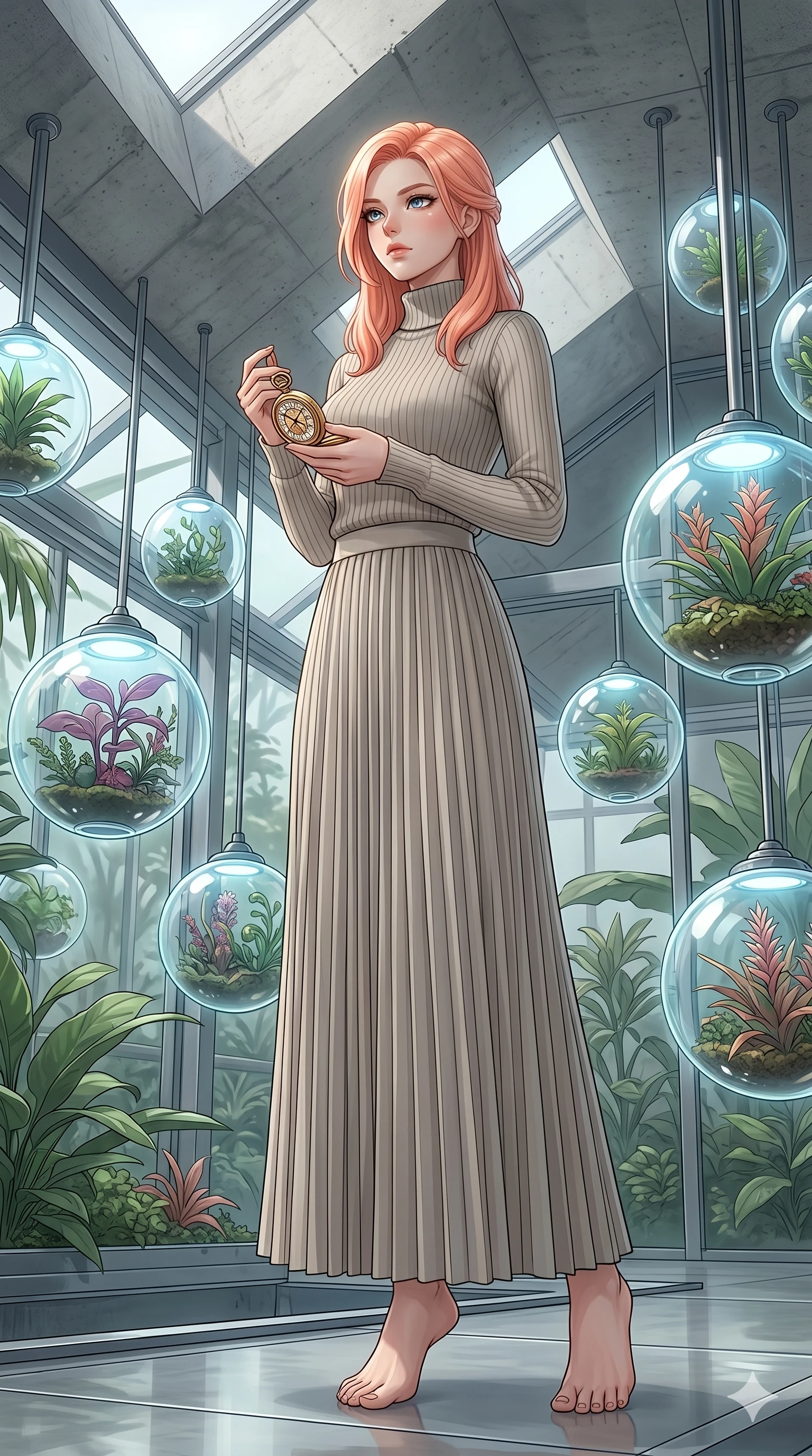 score_9, masterpiece, best quality, ultra-detailed, high-budget anime keyframe, editorial fashion photography, tasteful artistic composition, Japanese woman. low angle full-body shot from head to toe showing her feet, filling the entire 9:16 vertical frame with her statuesque presence, stretching her vertical silhouette. holding a golden pocket watch, looking past the camera with a thoughtful, focused expression inside a futuristic greenhouse with levitating glass botanical spheres (Code-P18-046). She has an absolutely perfect 8-heads proportion, an exceptionally tall and slender female figure with impossibly long slender legs and an ultra-slim waist. V-shaped jawline, high-bridge nose, intricate jewel-like eyes with depth, thick eyelashes, glossy lips with a natural sheen. wearing a high-neck ribbed sweater with a matching long pleated skirt. soft diffused light from a concrete skylight, highlighting her V-shaped jawline and nose. 2k, ultra detail, master piece, 9:16 ratio