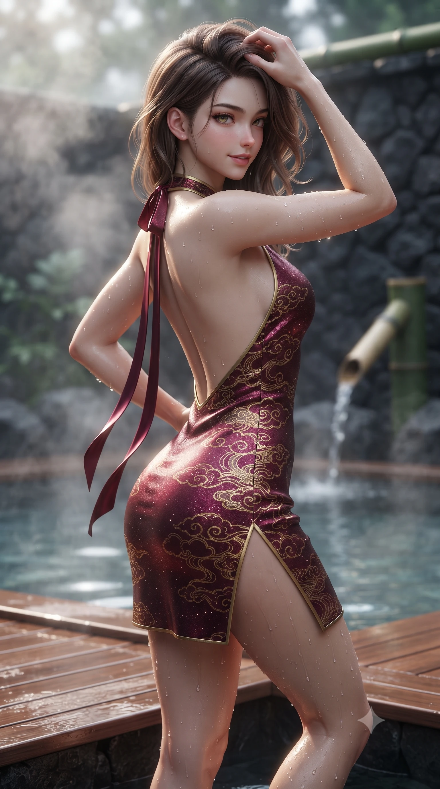 score_9, masterpiece, best quality, ultra-detailed, high-budget anime keyframe, editorial fashion photography, tasteful artistic composition, Japanese woman. close-up cowboy shot from the waist and thighs up, the character dominates the composition, filling the frame with her large presence. twisting her slender torso in an alluring contrapposto stance, one hand resting on her sculpted hip while her fingers toy with her hair with effortless poise while standing poised on the wet cedar deck at the water's edge, water glistening on her legs as she glances back with a flirtatious half-smile. The background shows a soft-focus clouds of fragrant steam, dark volcanic stone walls, and bamboo water spouts blurred into misty charcoal, opal, and jade bokeh. She has an exceptionally elegant, slender, and willowy female figure with an ultra-slim waist, flat toned midriff, narrow ribcage, and sculpted feminine hips creating an alluring, slim hourglass silhouette without bulk. sharp v-shaped jawline, high-bridge nose, sparkling eyes with hypnotic seductive depth, thick curled eyelashes, glossy parted lips with a natural dewy peach sheen, alluring bedroom-eyes with an enchanting coquettish smile, exuding magnetic siren charisma and sophisticated glamour, flawlessly proportioned anatomical accuracy, strict slender model proportions, natural body alignment, perfectly sculpted long slender limbs, ultra-slim waistline, clean dynamic posture without body distortion. wearing a backless embroidered silk satin slip dress with traditional cloud motifs contouring her narrow waist and curvy hips in smoky bordeaux wine and gilded bronze, woven from stretch metallic lurex jersey casting radiant starlight glints across her silhouette, finished with long silk ribbon ties fluttering down her bare spine from a backless halter, the precision-cut side openings and low-back scoop framing her graceful spine and the sensual sweep of her slim, toned hips. illuminated by hot spring water caustics and sharp platinum rim lights sculpting her razor-sharp jawline, narrow waist, and curvy hips. ultra-reflective glossy finish, specular highlights, rich textural contrasts, high-contrast stereoscopic depth, volumetric dynamic lighting, 2k, ultra detail, master piece, 9:16 ratio