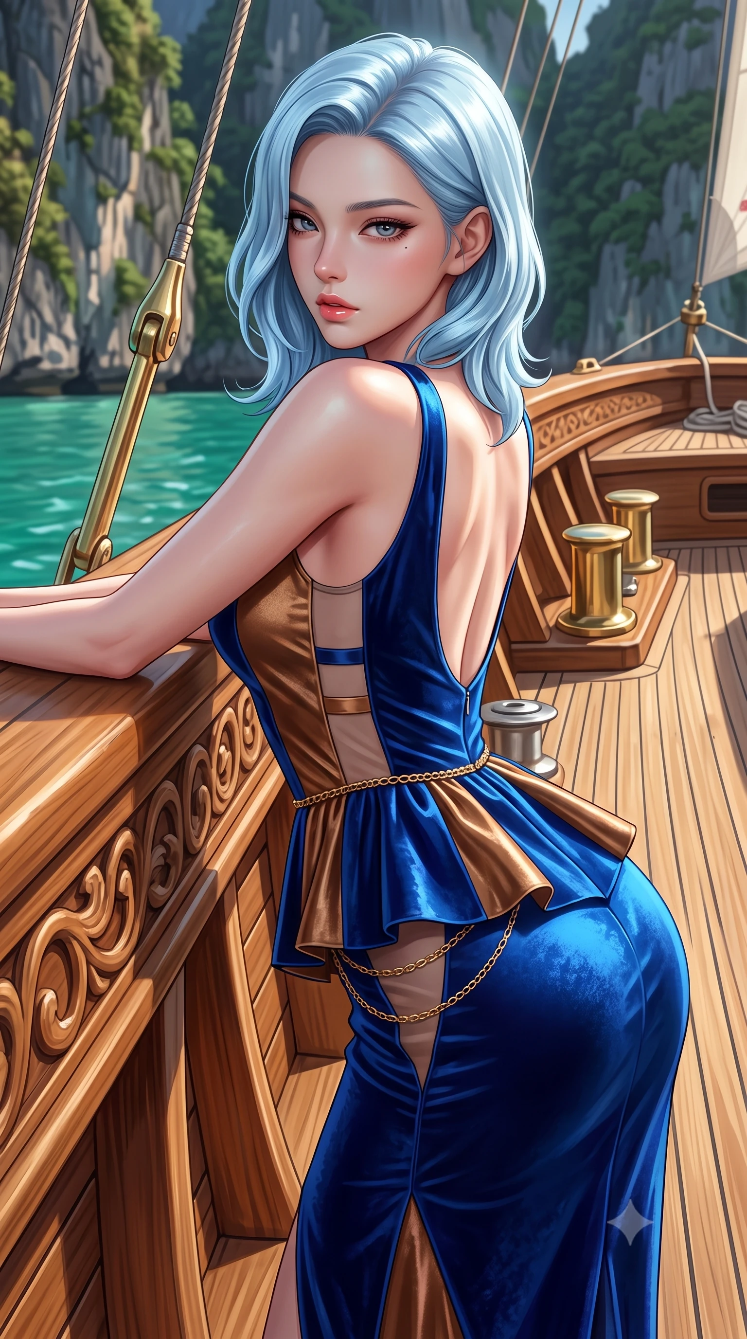 score_9, masterpiece, best quality, ultra-detailed, high-budget anime keyframe, semi-realistic 3D game render, editorial fashion photography, tasteful artistic composition, Korean woman. close-up cowboy shot from the waist and thighs up, the character dominates the composition, filling the frame with her large presence. leaning back with relaxed seductive grace, her sculpted collarbones and narrow waist highlighted as she casts smoldering bedroom-eyes directly into the camera while leaning against the carved teak ship gunwale with hips cocked back, looking over her shoulder with an enigmatic, captivating bedroom-gaze. The surrounding environment is rendered in vivid detail and crisp panoramic clarity. sharp teak deck caulking lines, polished brass marine hardware, and karst cliff vegetation texture in deep focus. She has an exceptionally elegant, slender, and willowy female figure with an ultra-slim waist, flat toned midriff, narrow ribcage, and sculpted feminine hips creating an alluring, slim hourglass silhouette without bulk. sharp v-shaped jawline, high-bridge nose, intricate jewel-like eyes with depth, thick eyelashes, glossy parted lips with a natural sheen, intensely captivating and seductive bedroom-eyes expression, flawlessly proportioned anatomical accuracy, strict slender model proportions, natural body alignment, perfectly sculpted long slender limbs, ultra-slim waistline, clean dynamic posture without body distortion. wearing a structural geometric peplum gown with sheer side-ribbon cutouts and form-fitting skirt in royal sapphire blue and liquid bronze, crafted from heavyweight crushed silk velvet with liquid vintage luster, accented with a delicate gold chain belt resting loosely on her curvy hips, the precision-cut side openings and low-back scoop framing her graceful spine and the sensual sweep of her slim, toned hips. illuminated by radiant jade water reflections accentuating her sculpted midriff, narrow waist, and curvy hips. highly saturated vibrant anime colors, detailed shading with soft gradients, rich glossy textures, high-contrast stereoscopic depth, volumetric dynamic lighting, master piece, 9:16 ratio